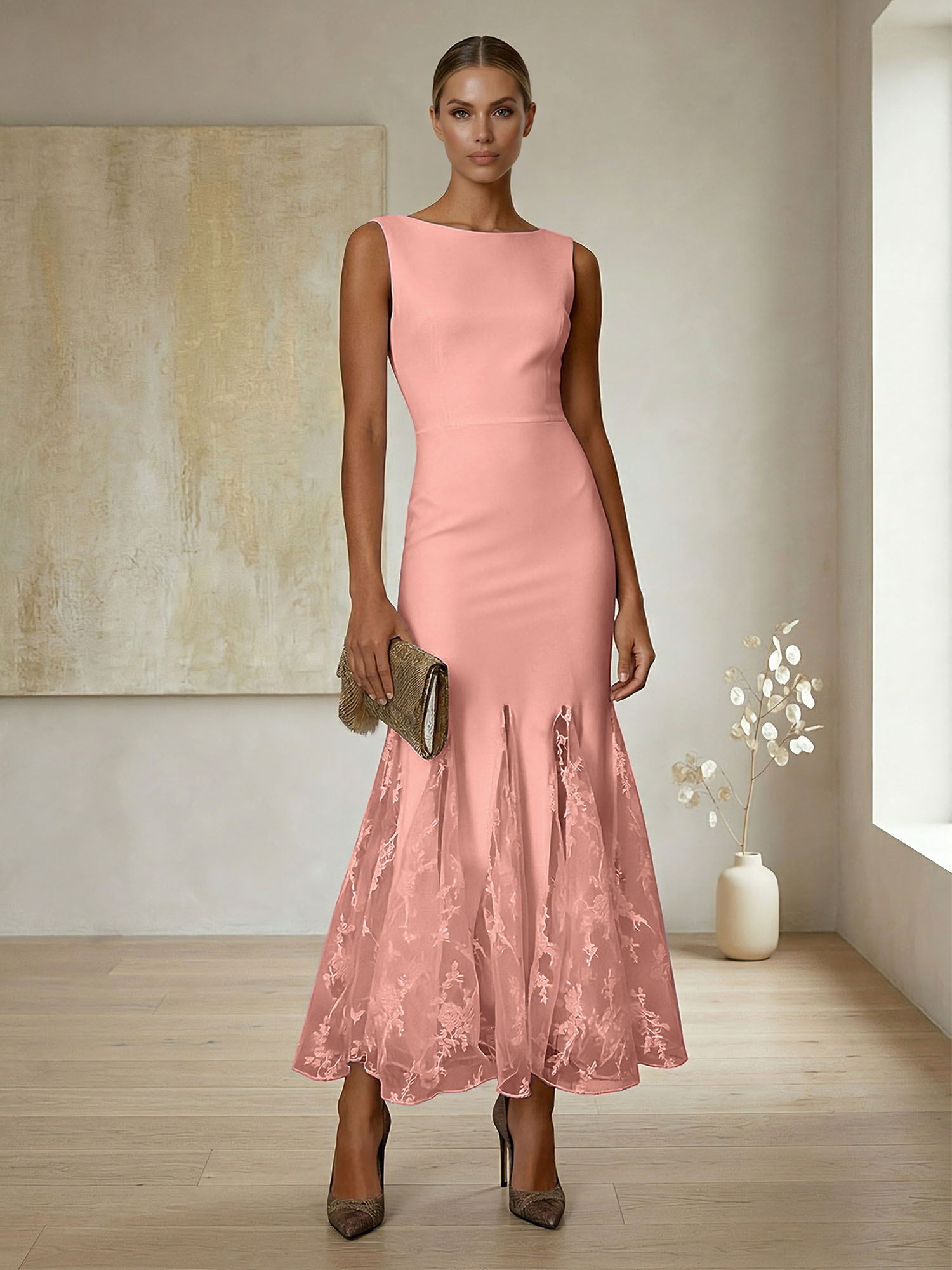 Elegant Formal Evening Gown Lilac Sleeveless Midi Dress with Embroidered Lace Godets