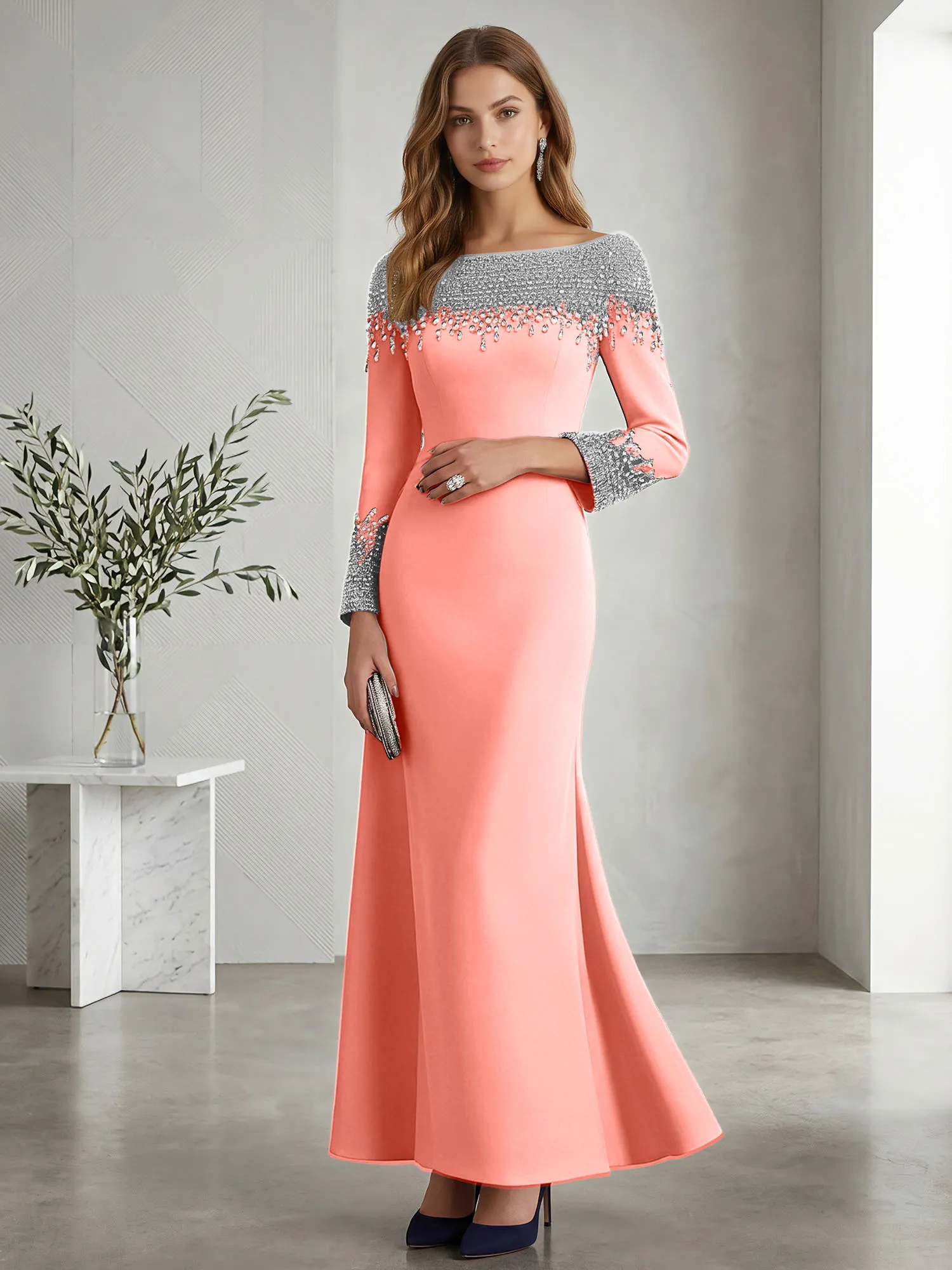 Beaded Off-the-Shoulder Long Sleeve Mermaid Evening Gown