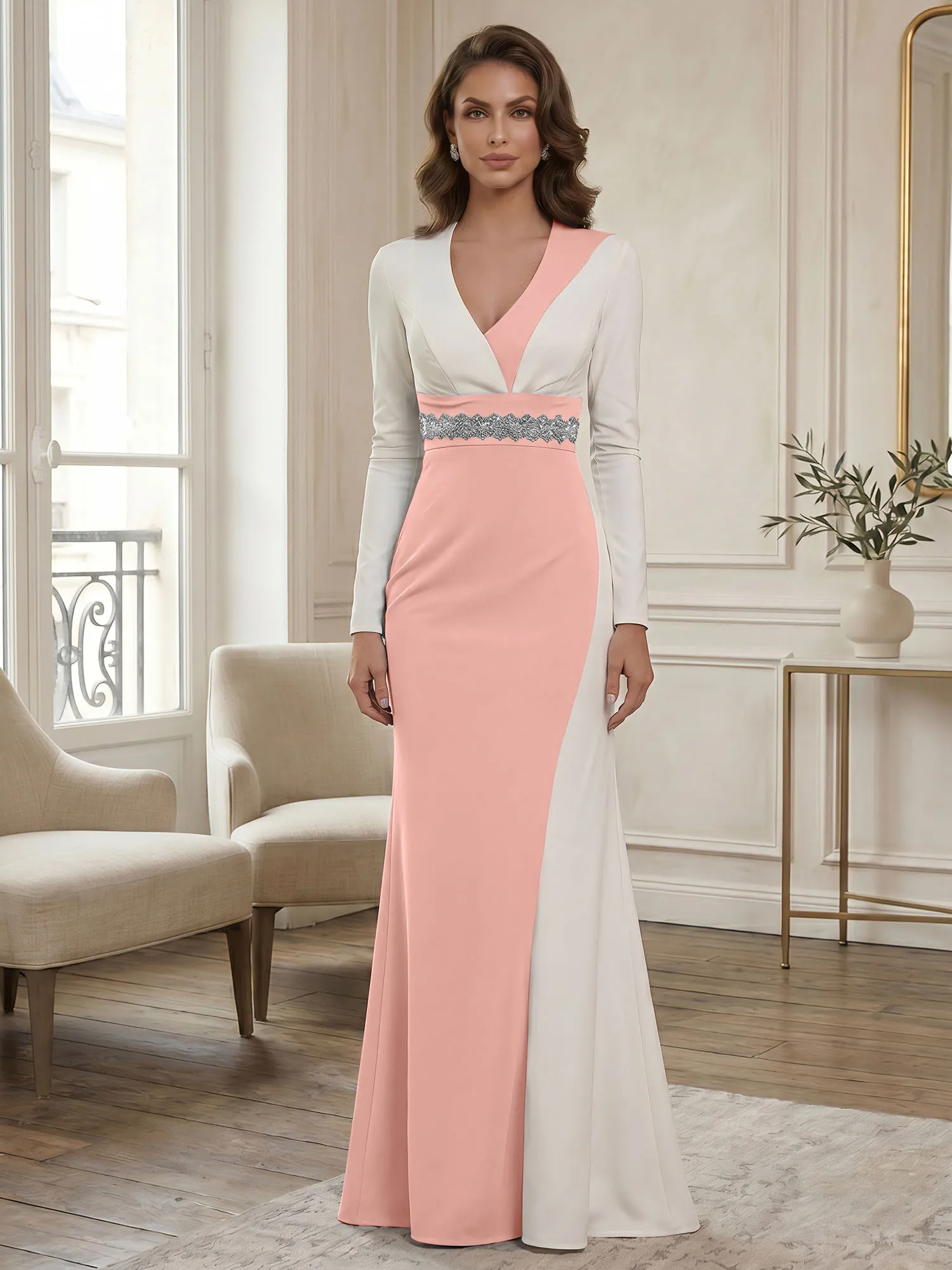 Two-Tone Long Sleeve Mermaid Evening Gown with Beaded Waistband
