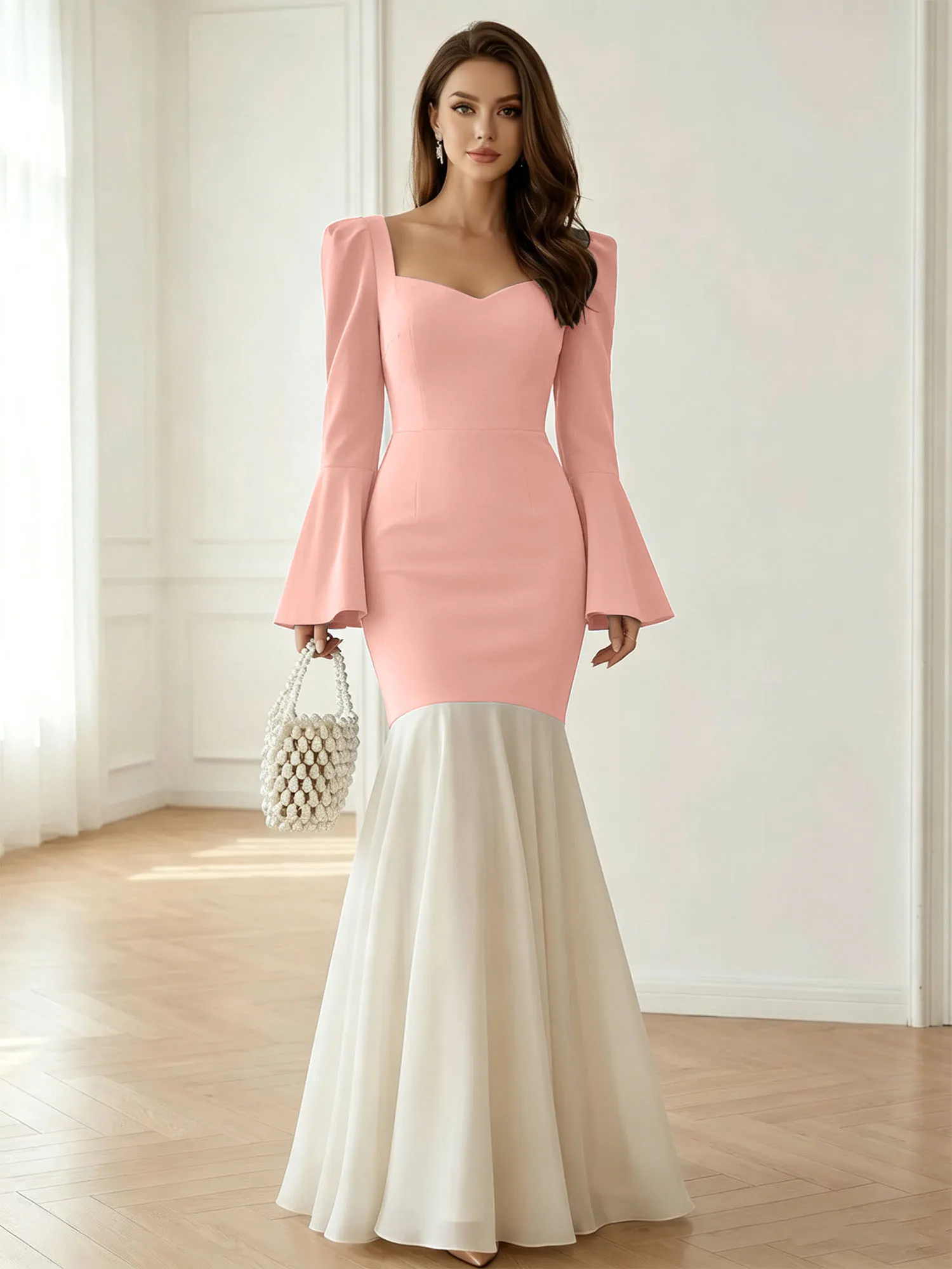 Sweetheart Neck Bell Sleeve Two-Tone Mermaid Evening Gown