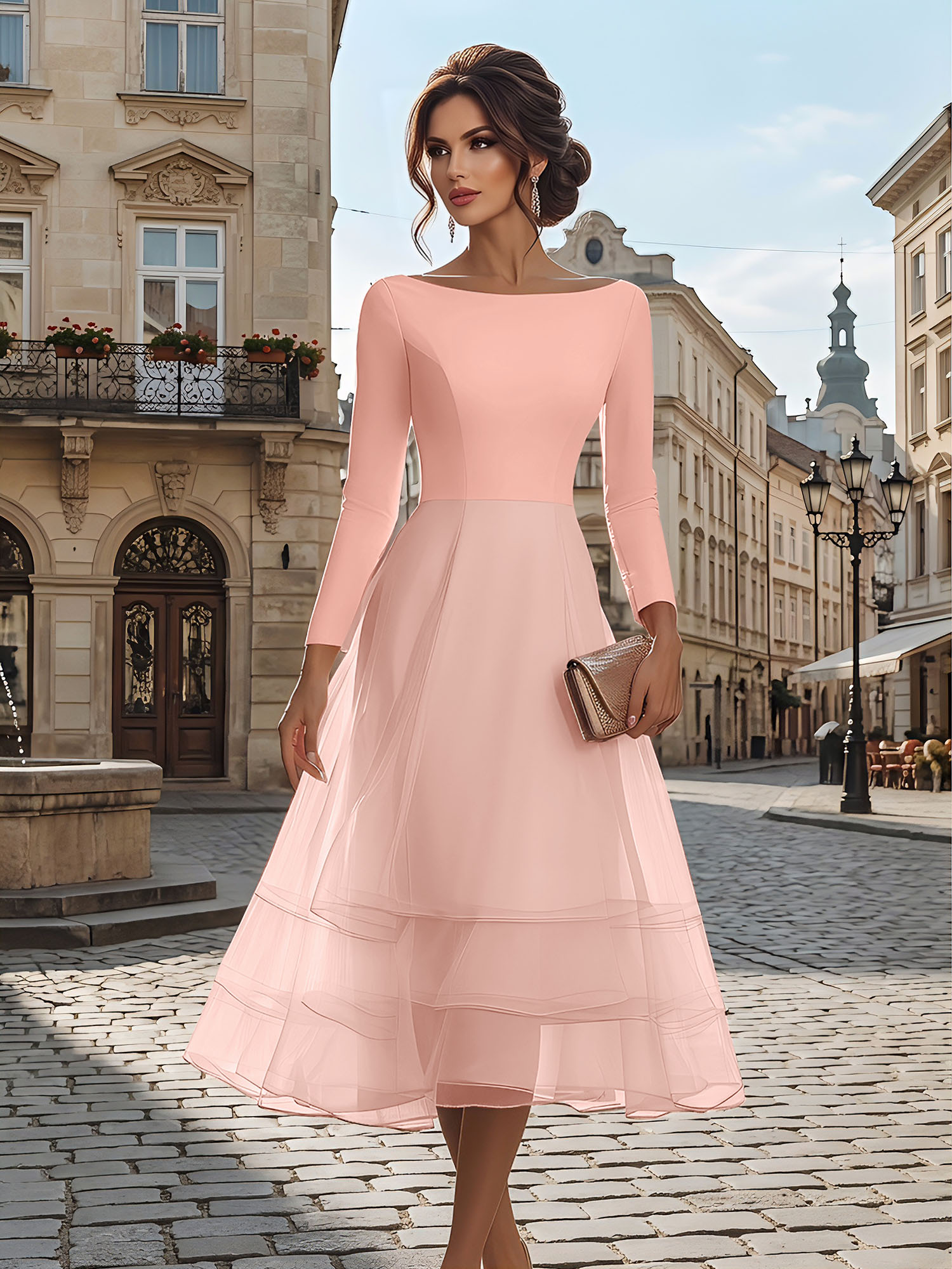 Timeless Evening Foraml Gown Blush Pink Long-Sleeve Layered Organza Midi Dress