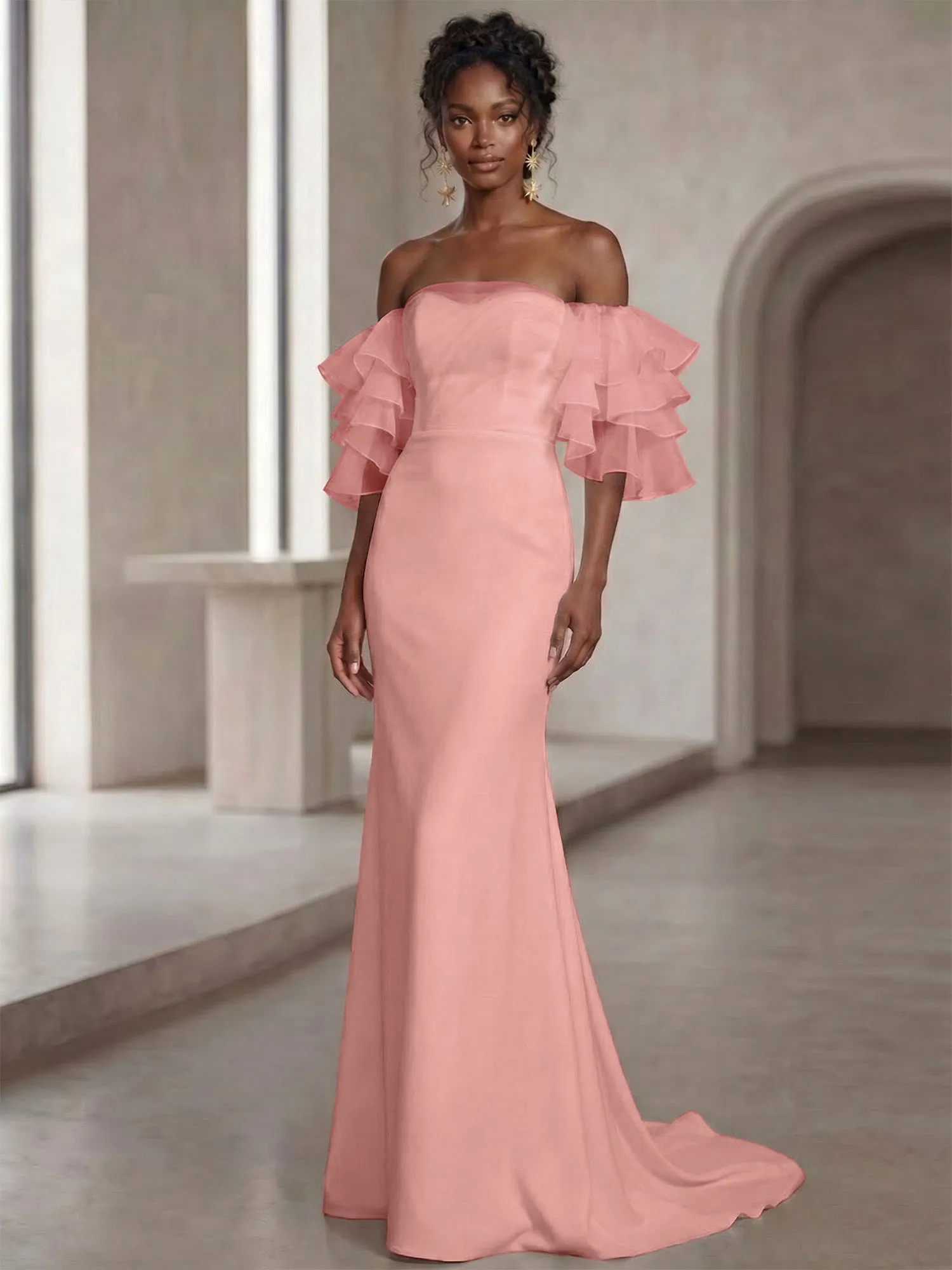 Off-the-Shoulder Tiered Organza Sleeve Mermaid Evening Gown