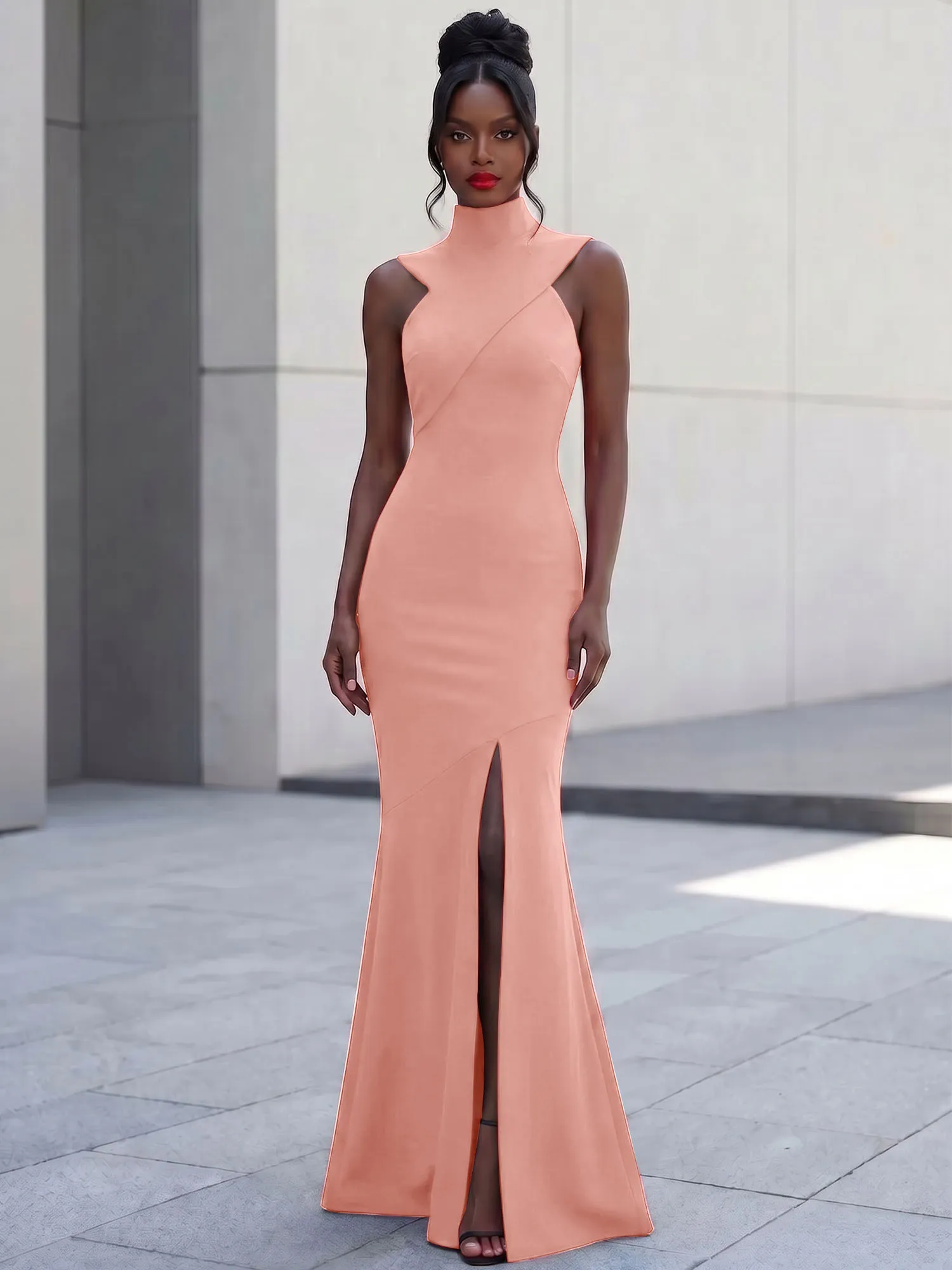High Neck Asymmetric Cutout Mermaid Evening Gown