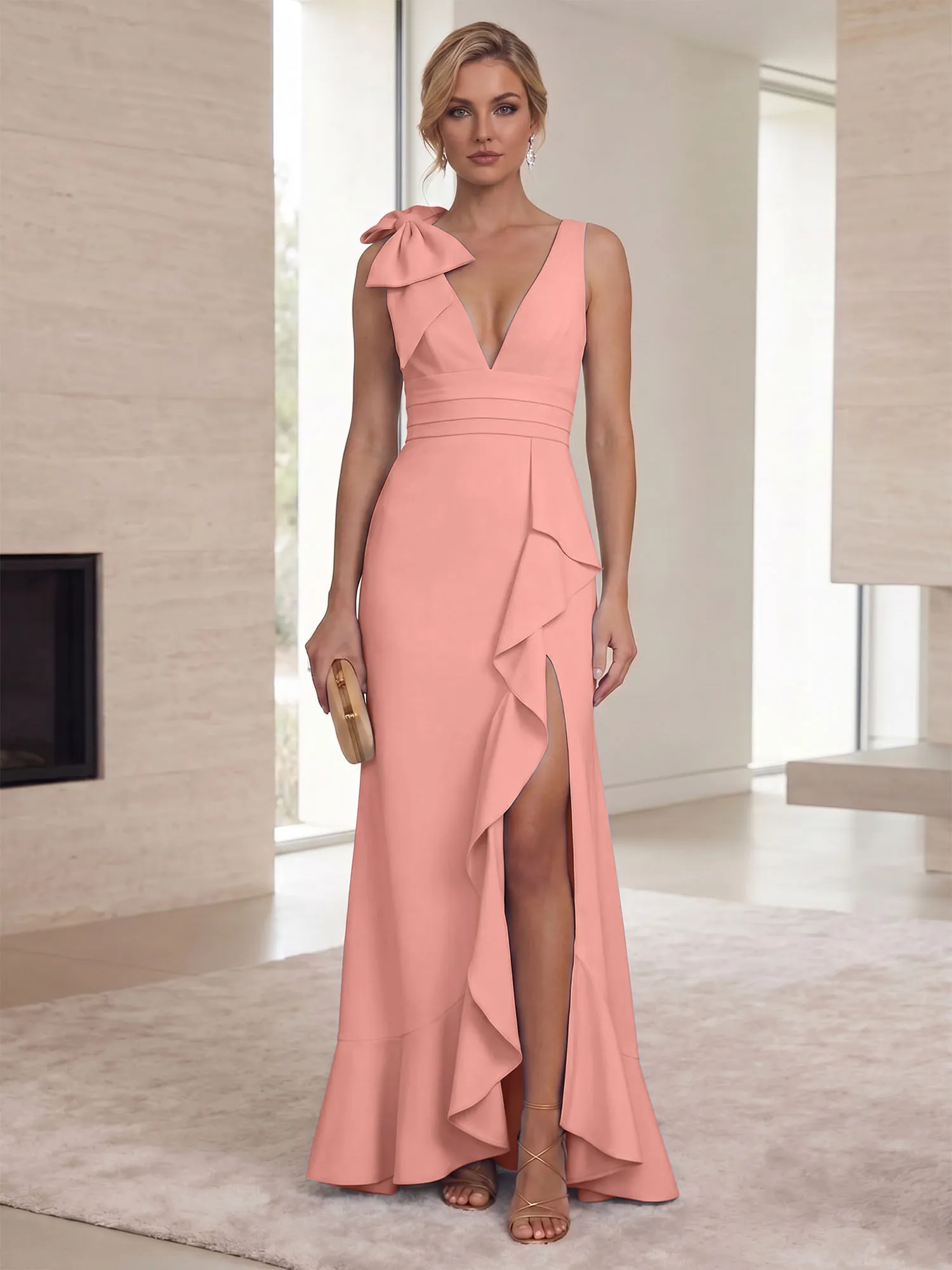 Deep V-Neck Bow-Shoulder Ruffle Slit Mermaid Evening Gown