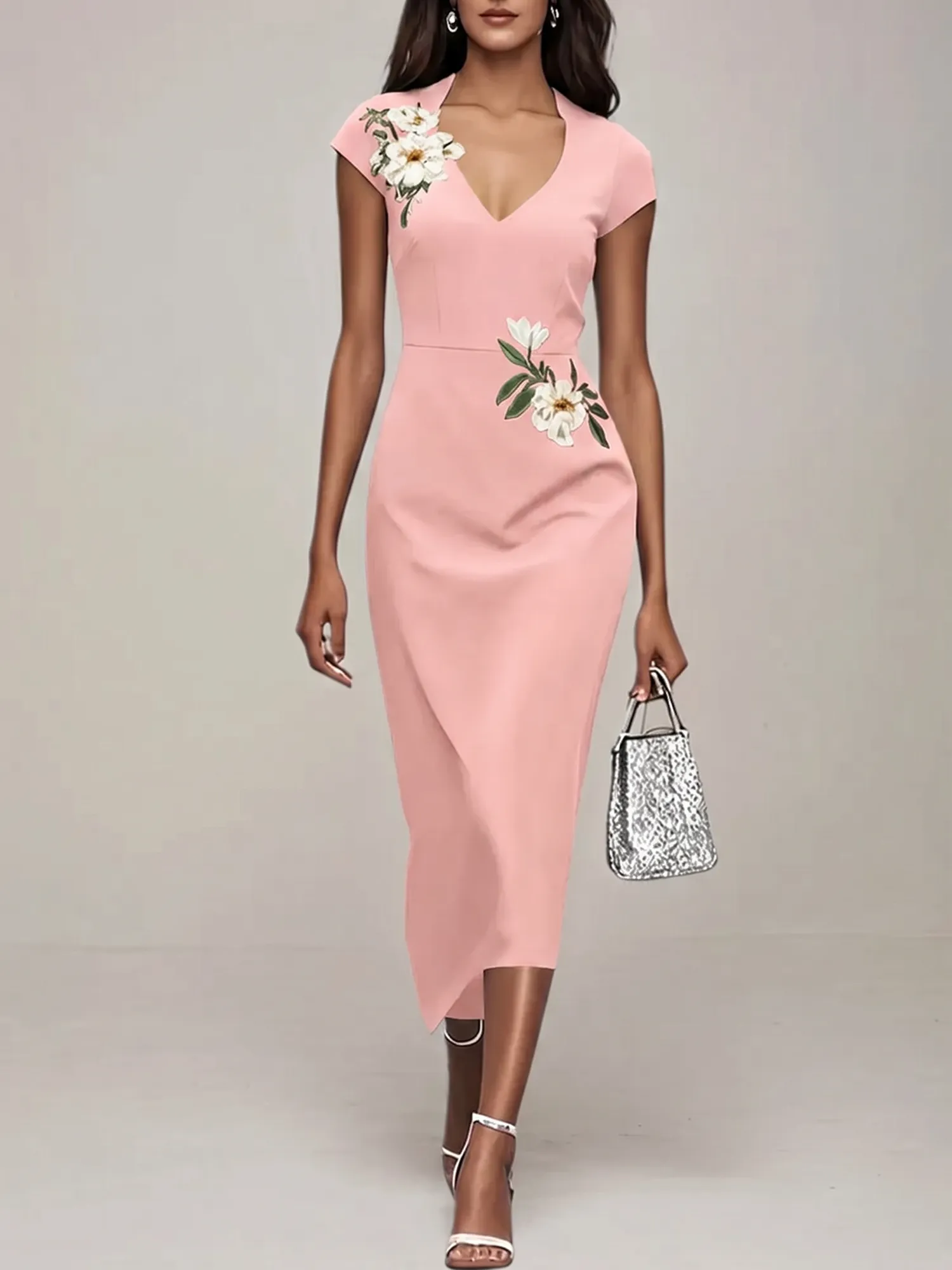 V-Neck Cap Sleeve Floral Embroidered Sheath Evening Dress