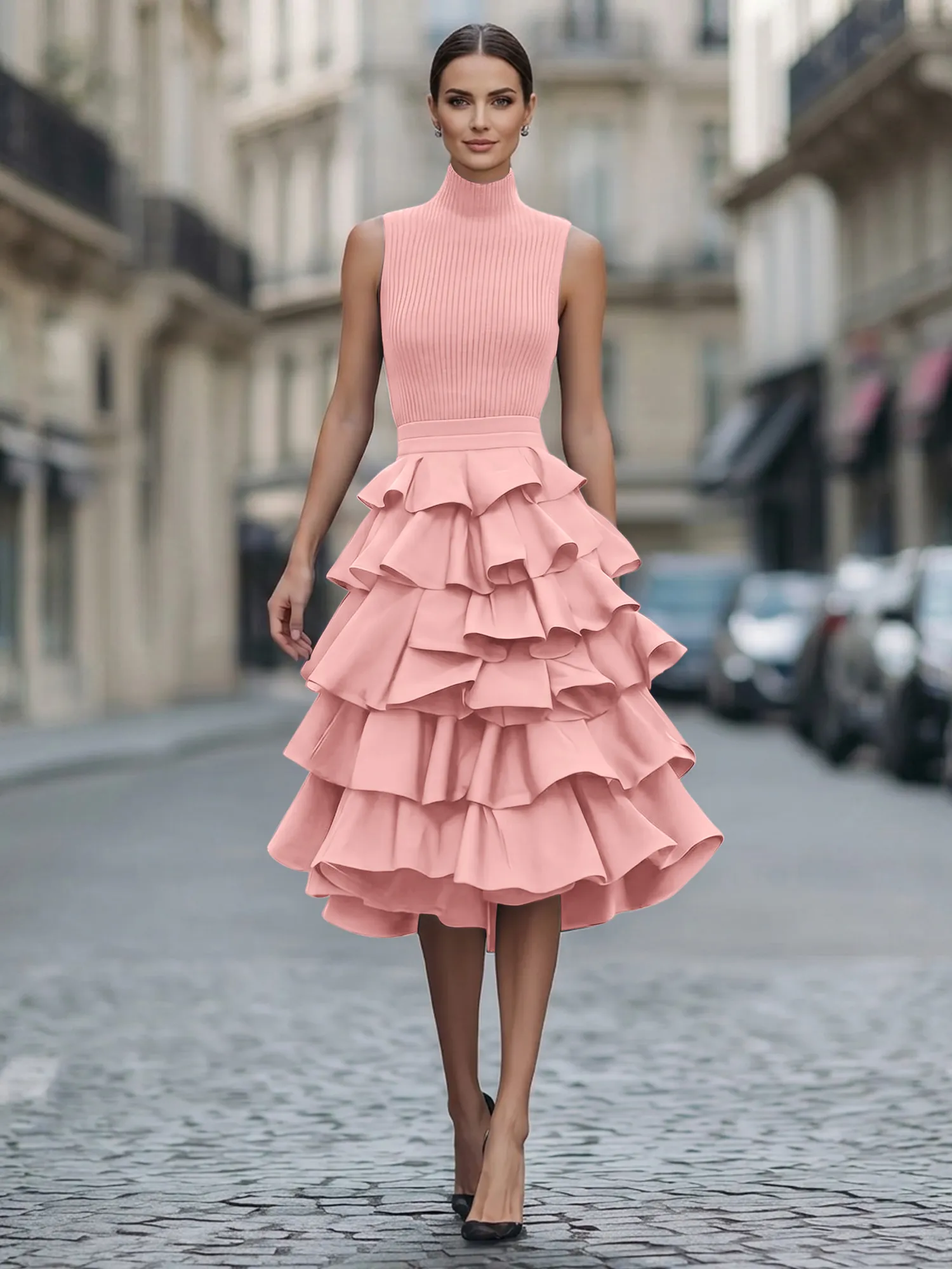 A Line High-Neck Pleated Tiered Evening Dress Maxi Dress