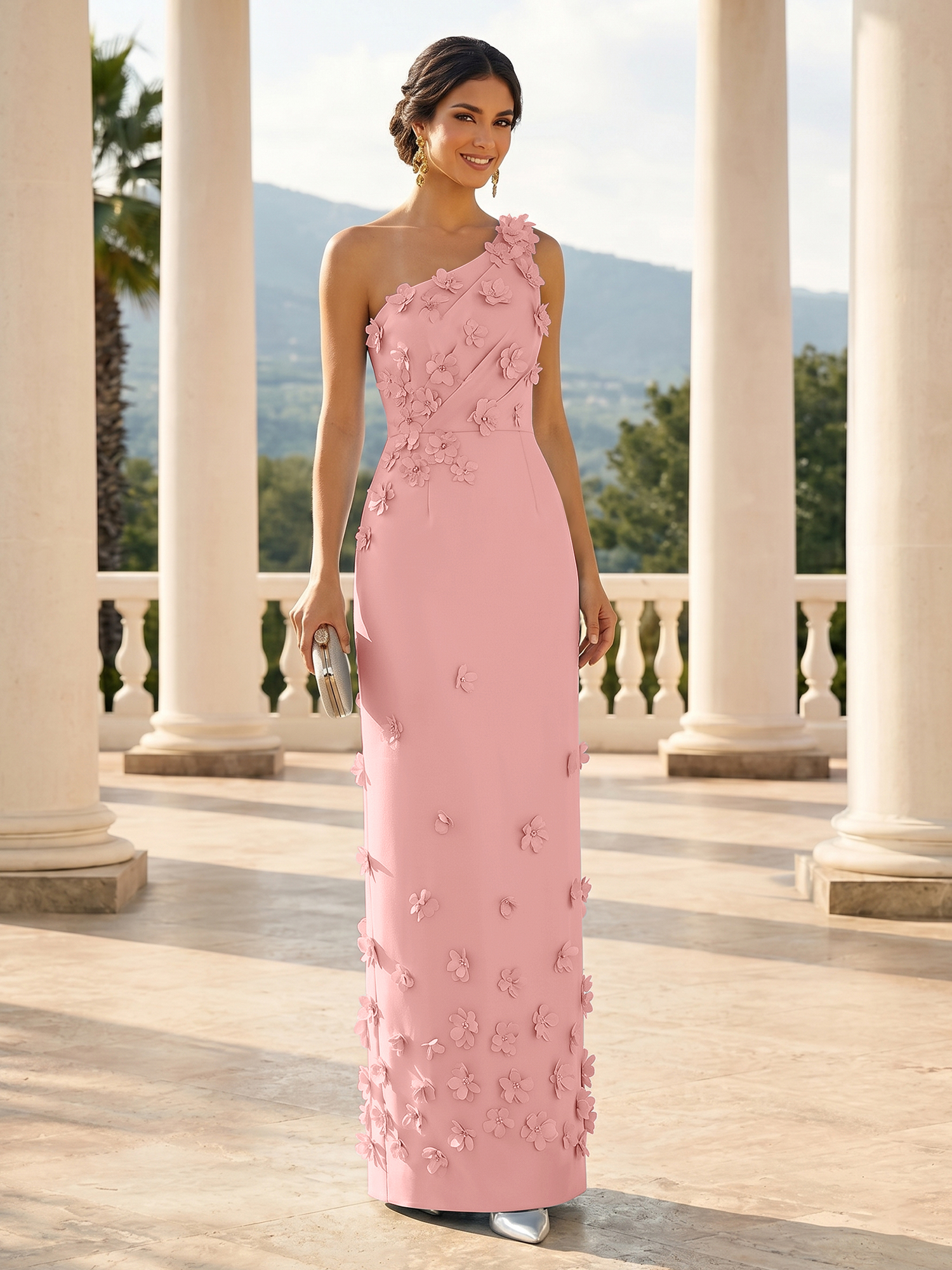 Enchanting Sky Blue One-Shoulder Evening Dress with 3D Floral Appliqués