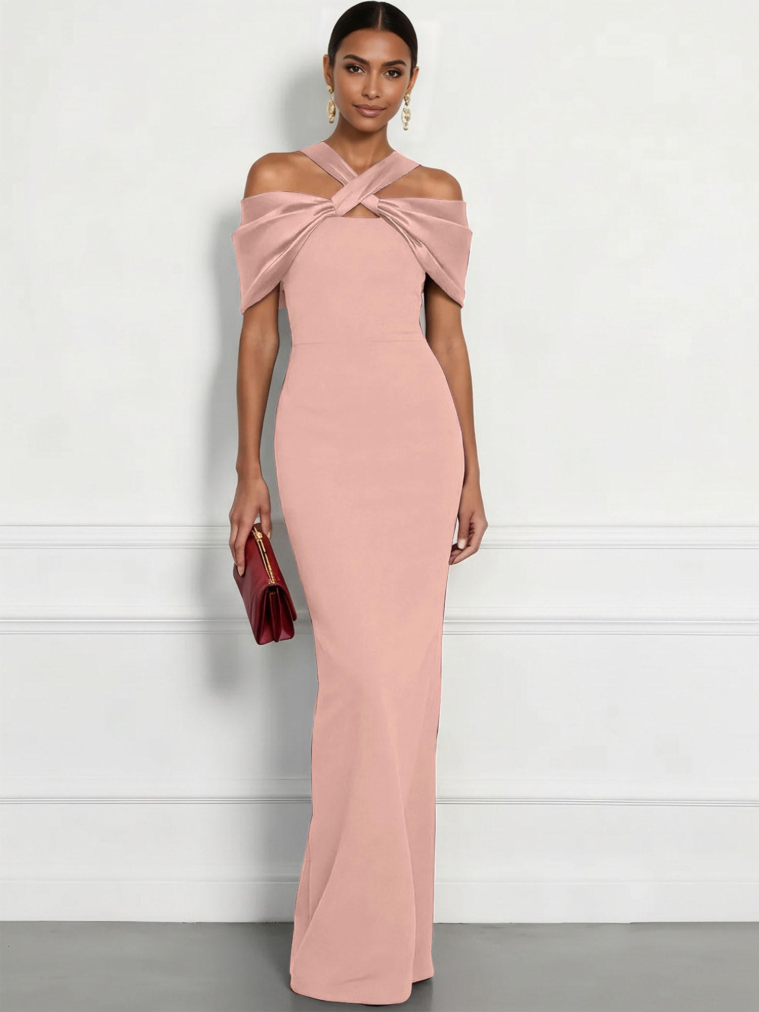  Regal Plum Crepe Column Gown with Satin Criss-Cross Halter Maxi Dress