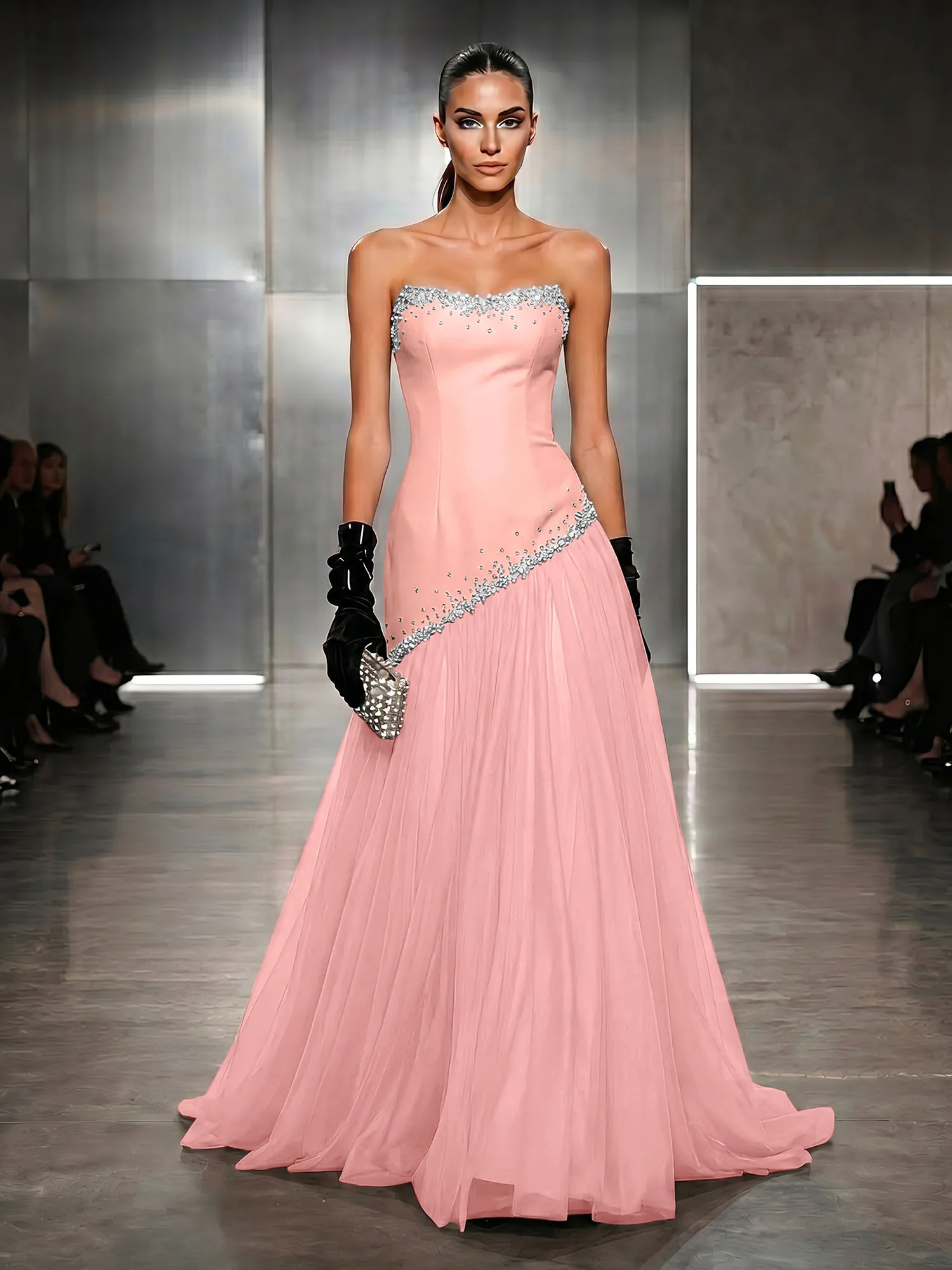 Strapless Tulle Beaded Corset Evening Gown Maxi Dress