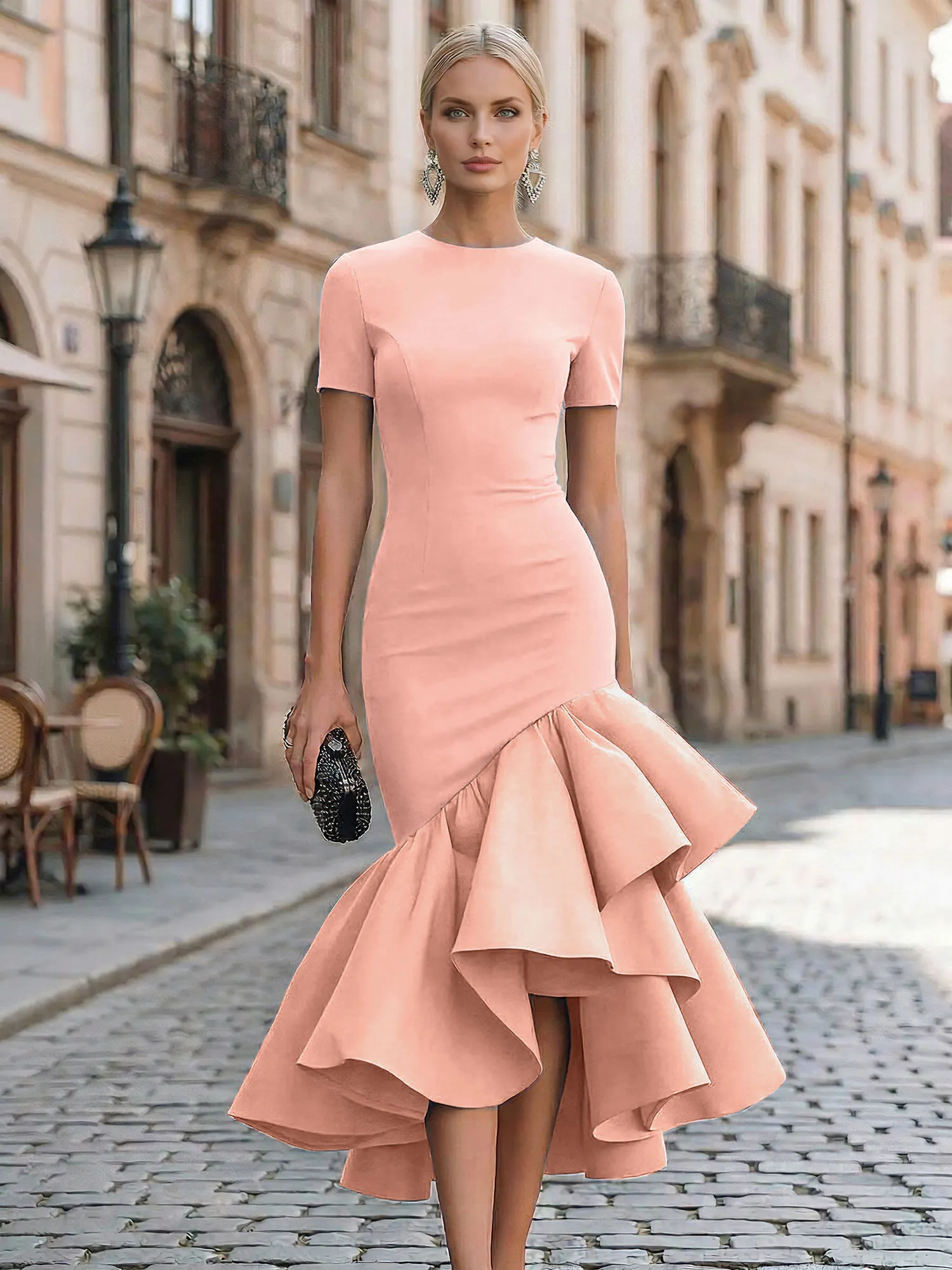 Evening Foraml Gown Avant-Garde Black Short-Sleeve Tiered Ruffle Midi Dress