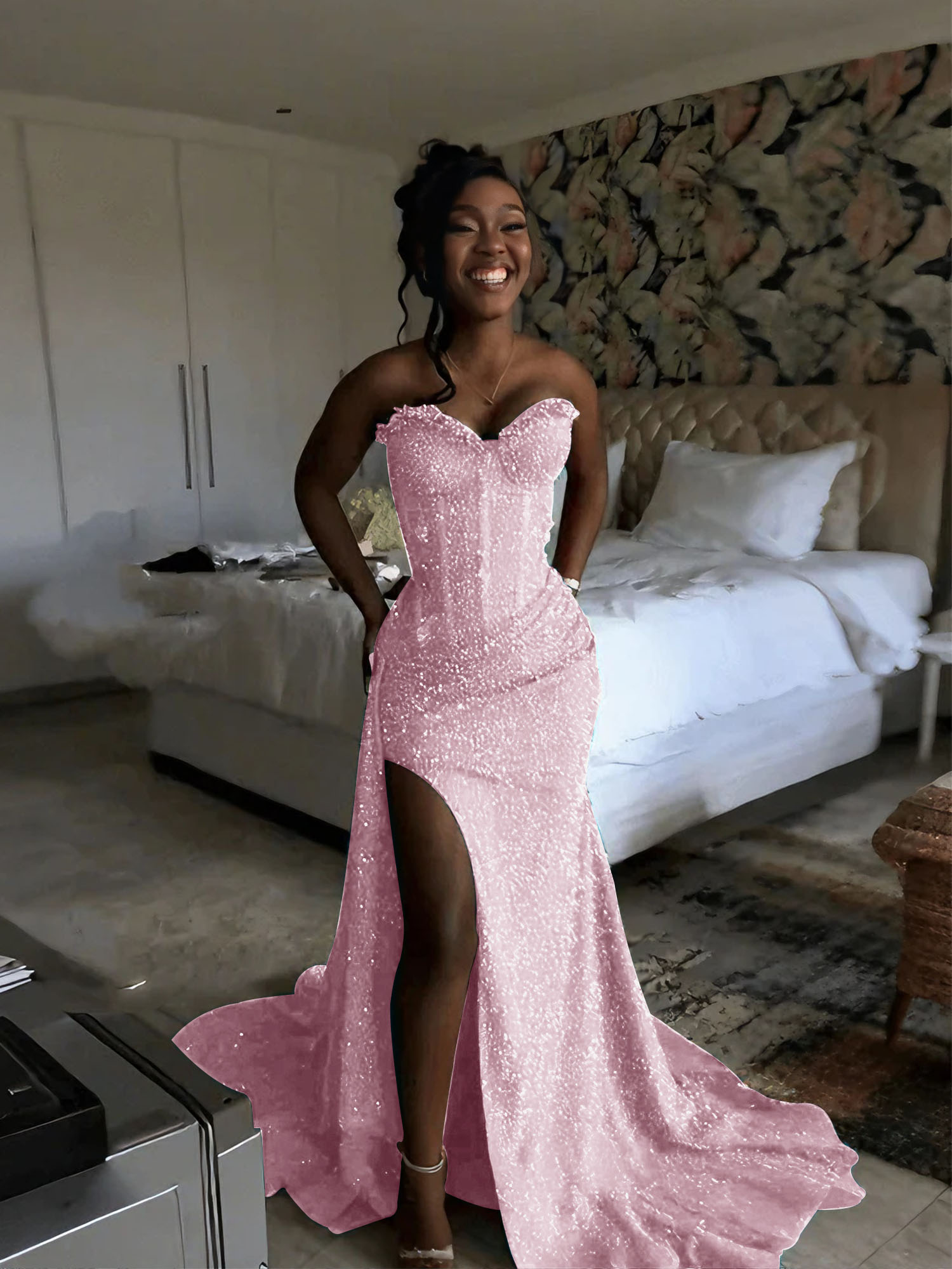Glitter Strapless Mermaid Sequined Long Prom Dress with Slit