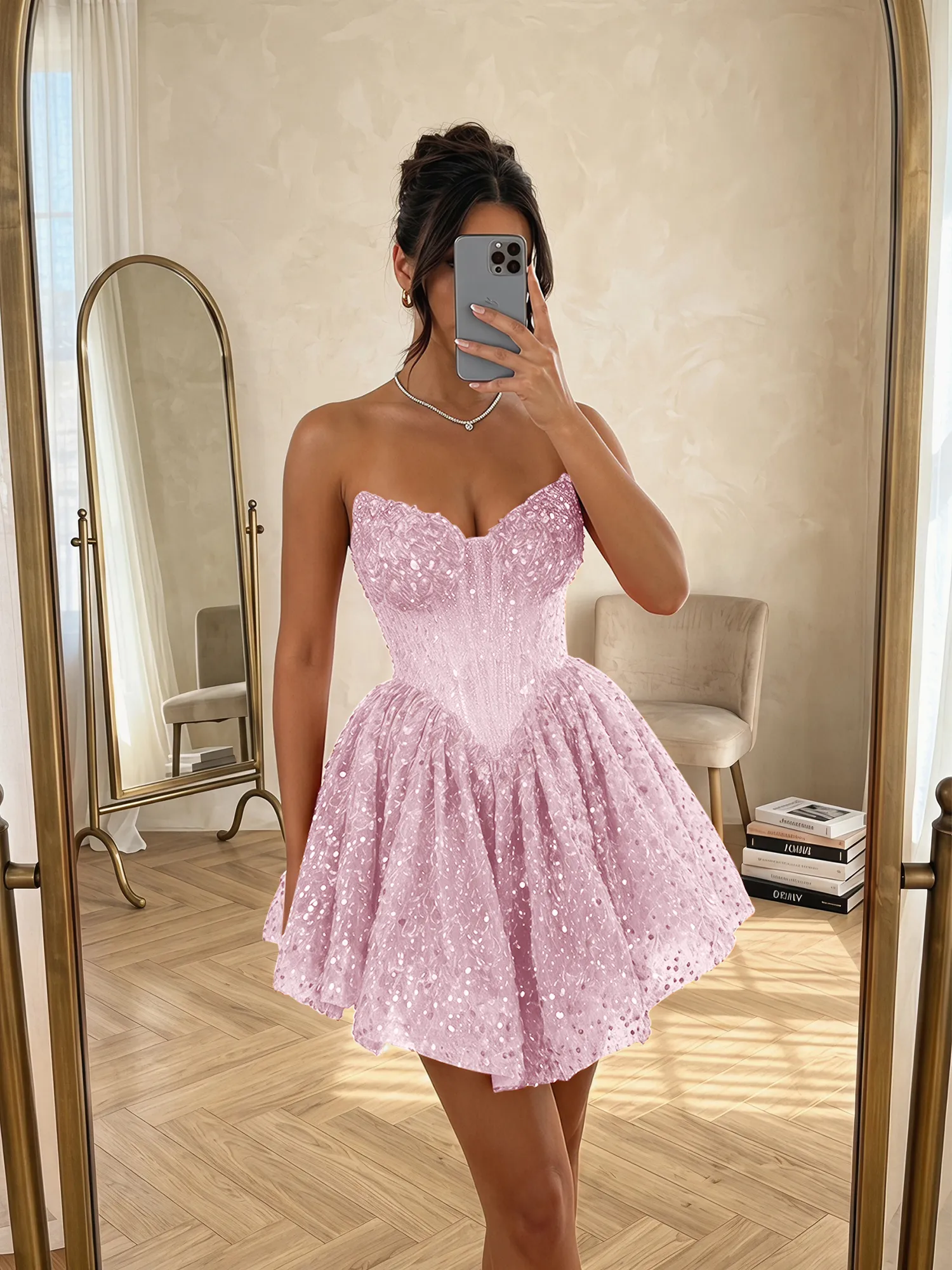 Strapless Sequin Pearl Corset Homecoming Dress with Lace-Up Back