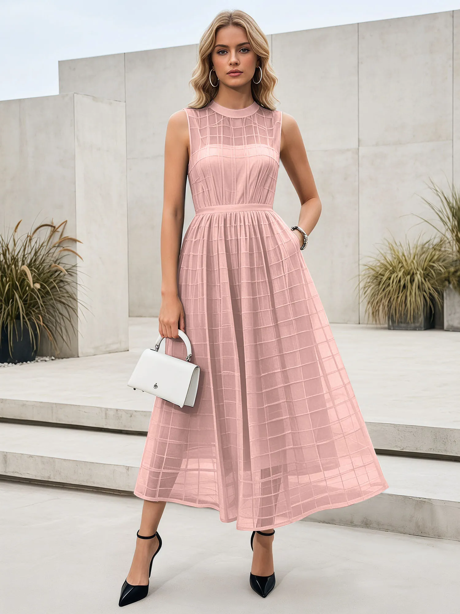 Sleeveless Grid Mesh A-Line Midi Evening Dress