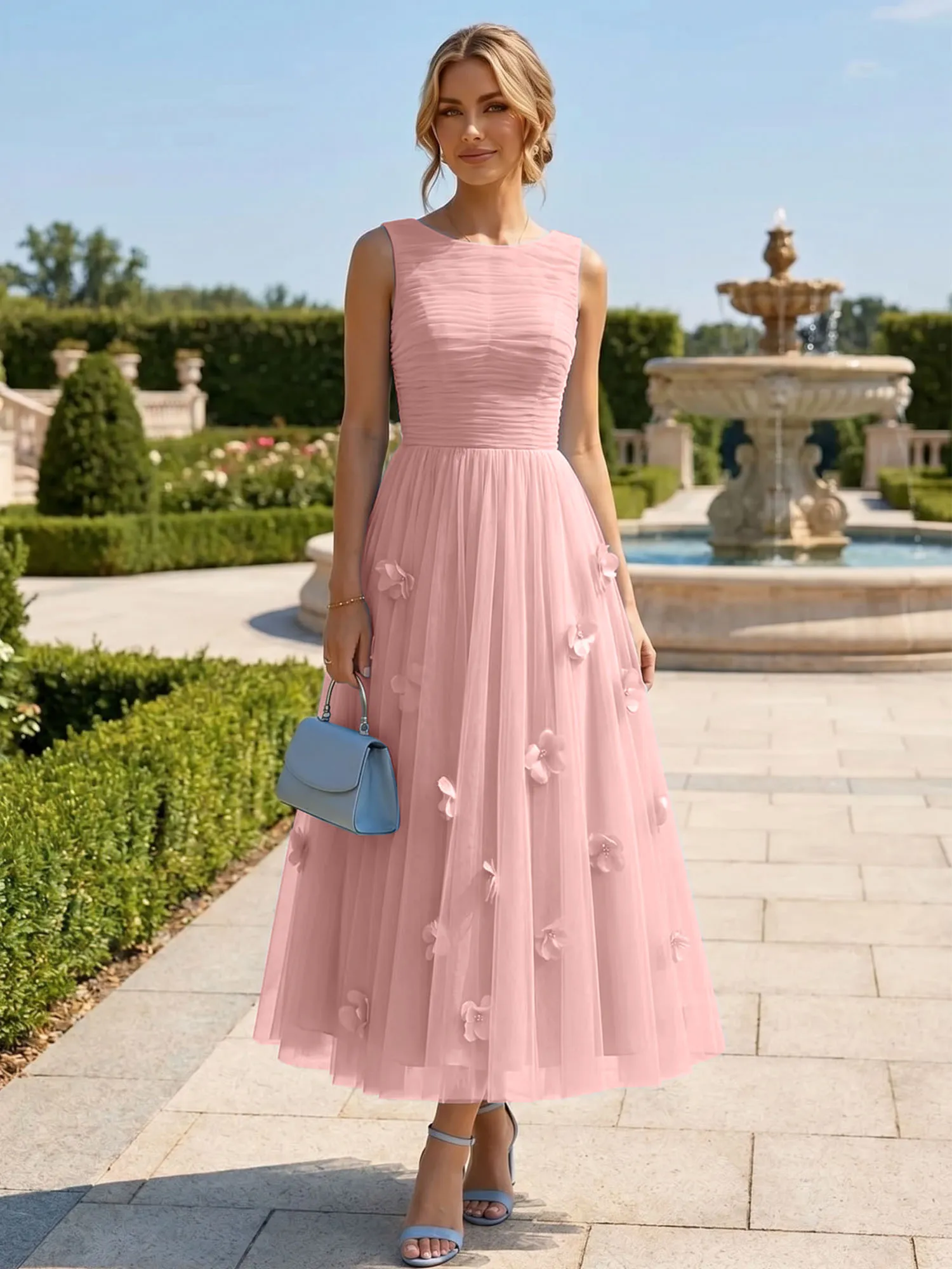 A Line Sleeveless Tulle Midi Dress with 3D Floral Appliqués
