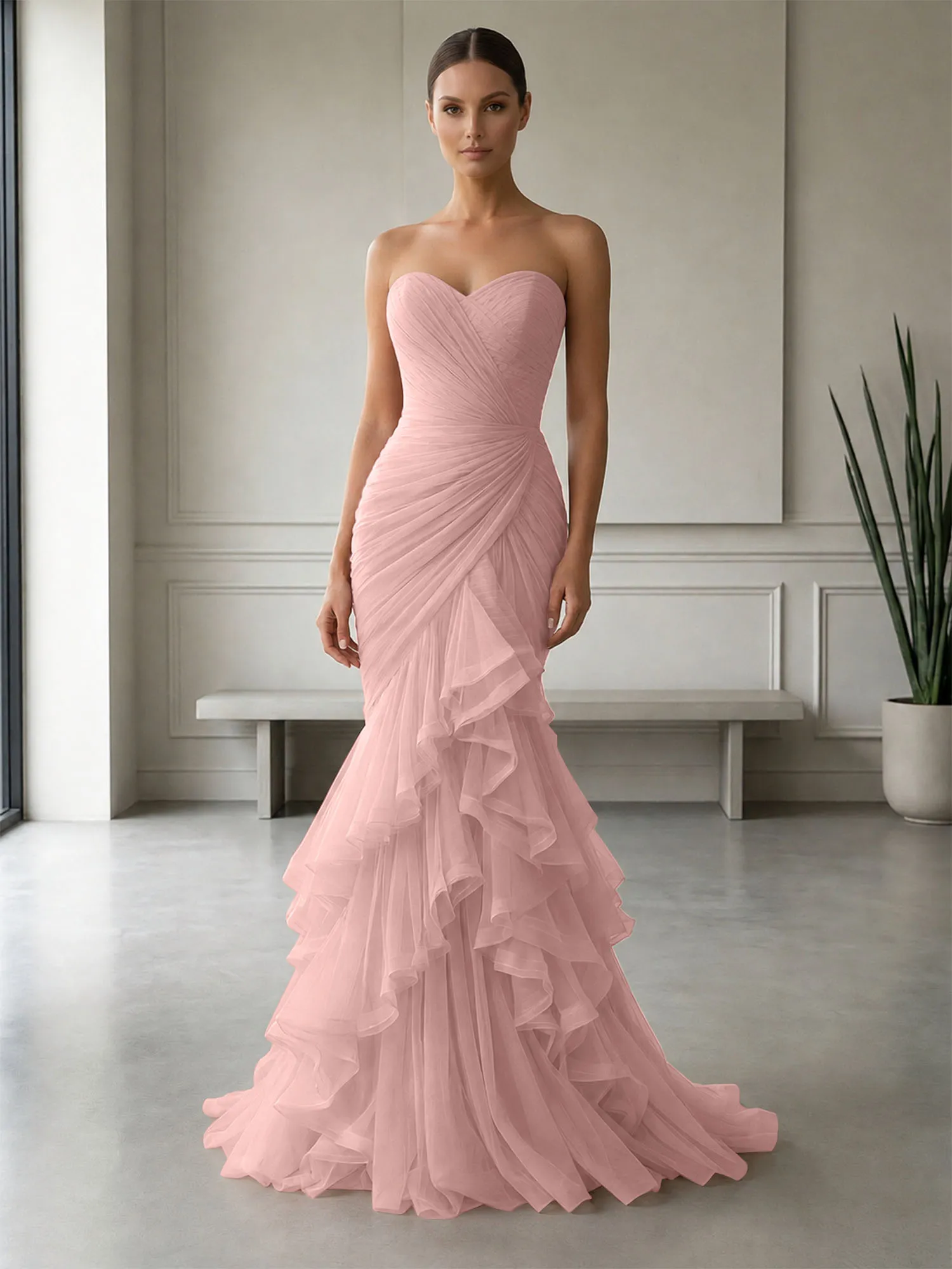 Strapless Ruched Tulle Mermaid Evening Gown Maxi Dress