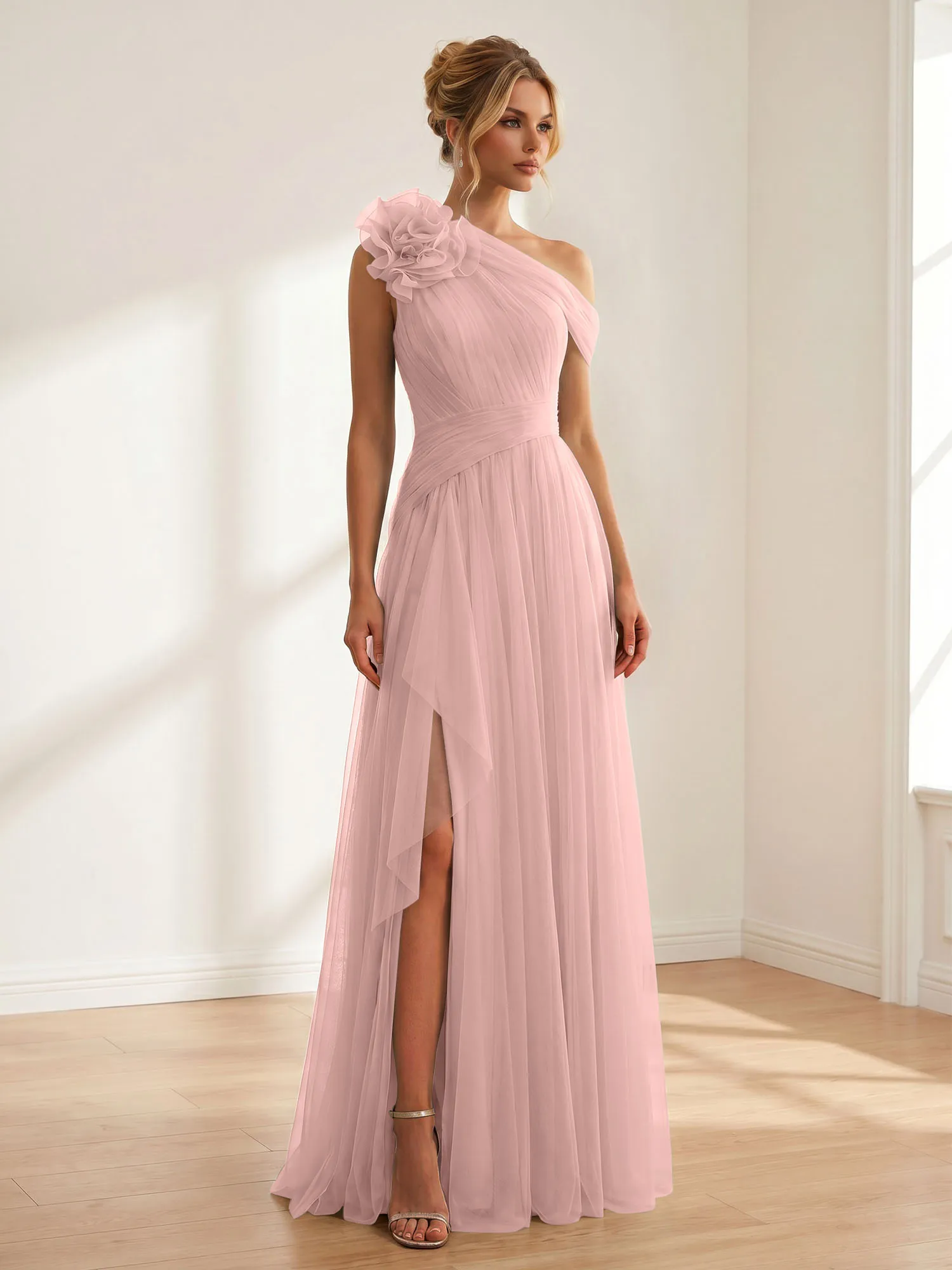 One-Shoulder Tulle Evening Gown with Floral Accent