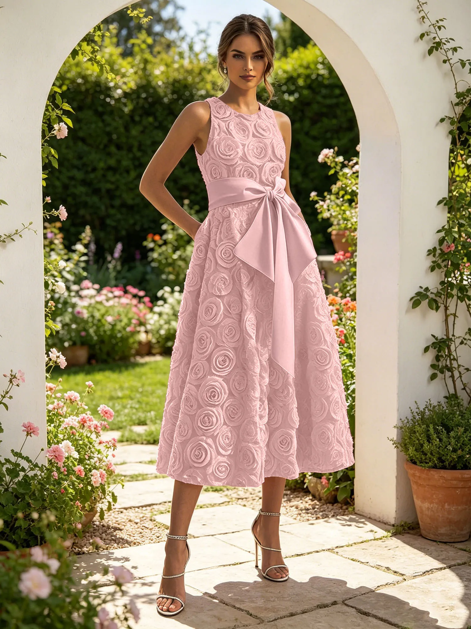 Sleeveless 3D Rose Midi Evening Dress with Satin Bow Sash