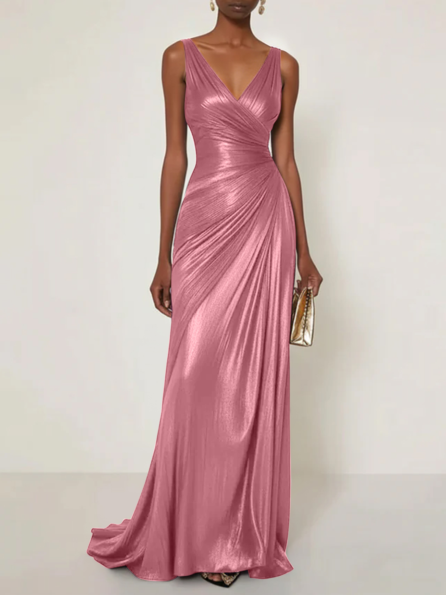Evening Formal Dress V Neck Silk Ruffles Maxi Dress Gown