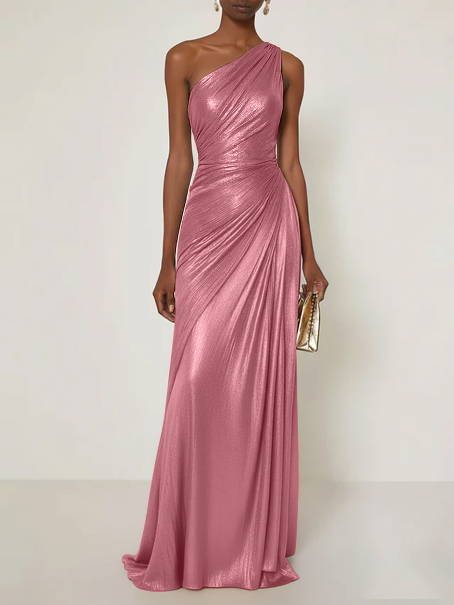 Evening Formal Dress V Neck One Shoulder Silk Ruffles Maxi Dress