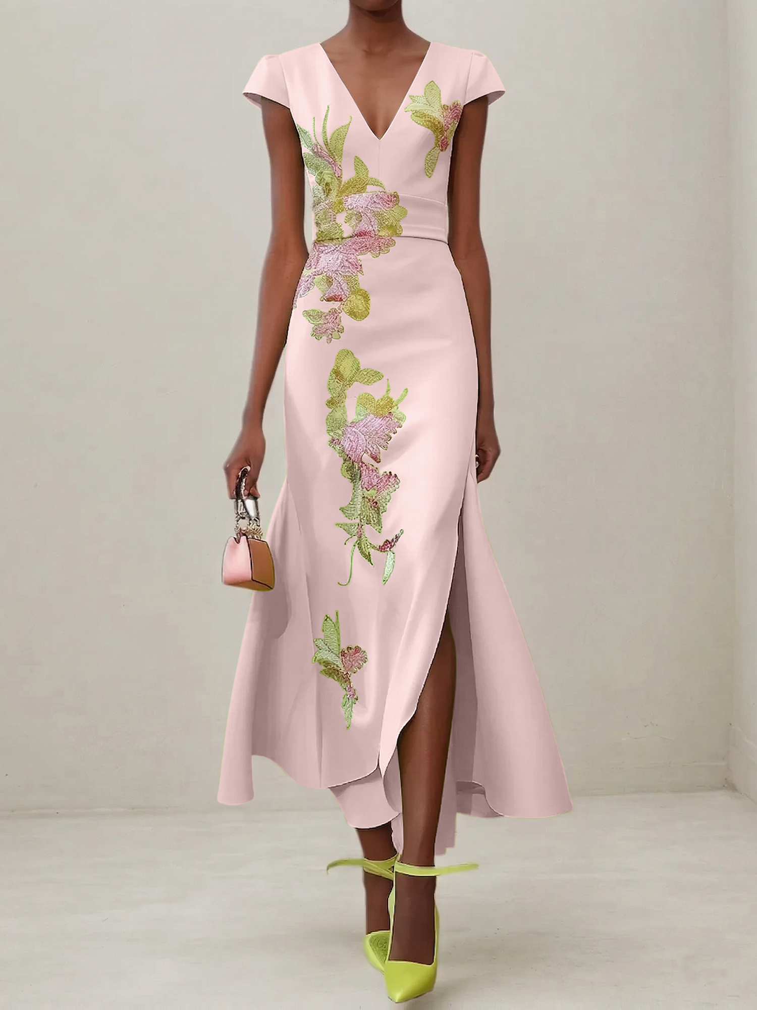 Elegant V-Neck Cap Sleeve Satin Midi Gown with Floral Embroidery & High Slit