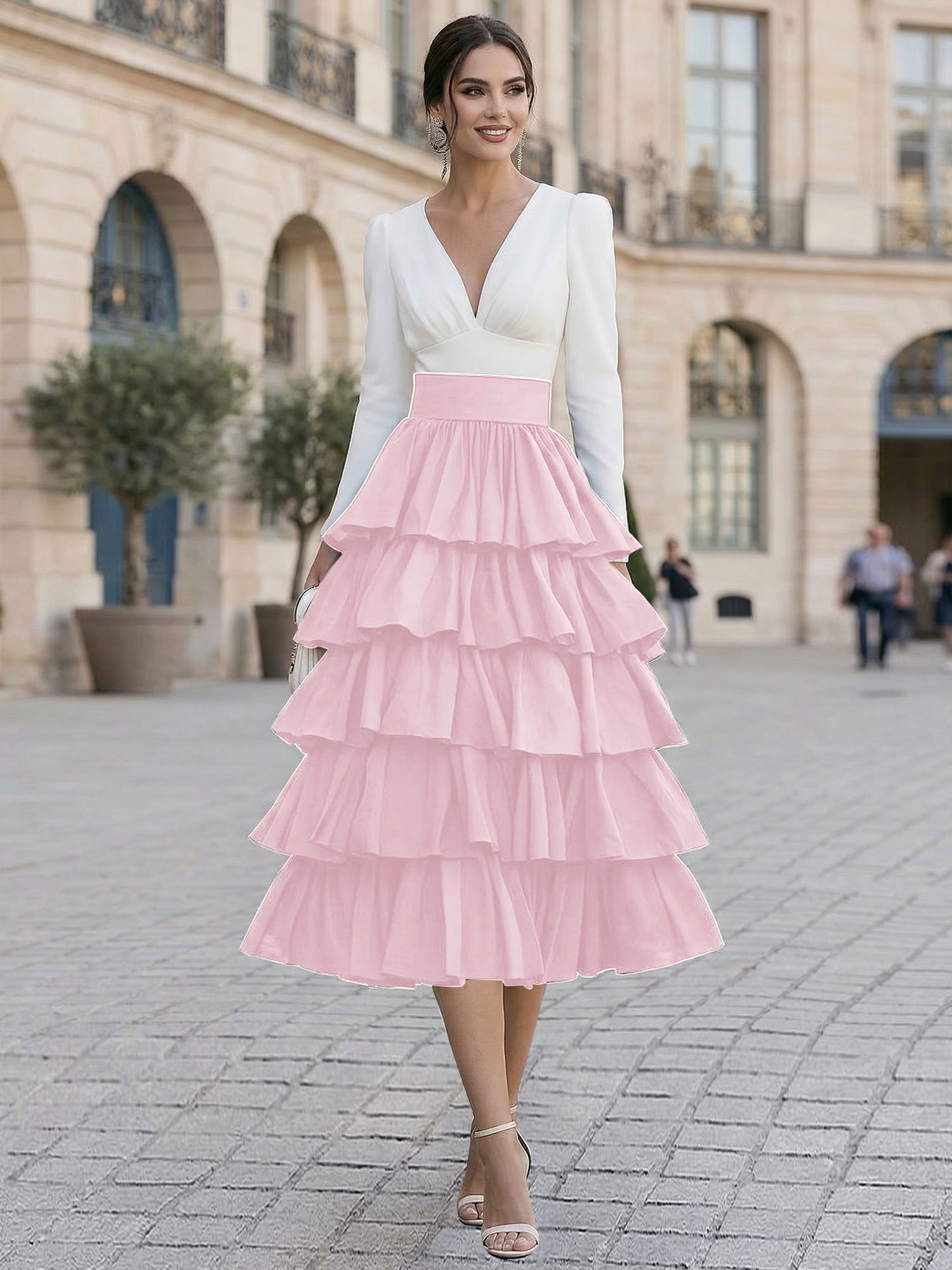 Elegant V-Neck Long Sleeve Tiered Ruffle Midi Dress with Contrast Waistband