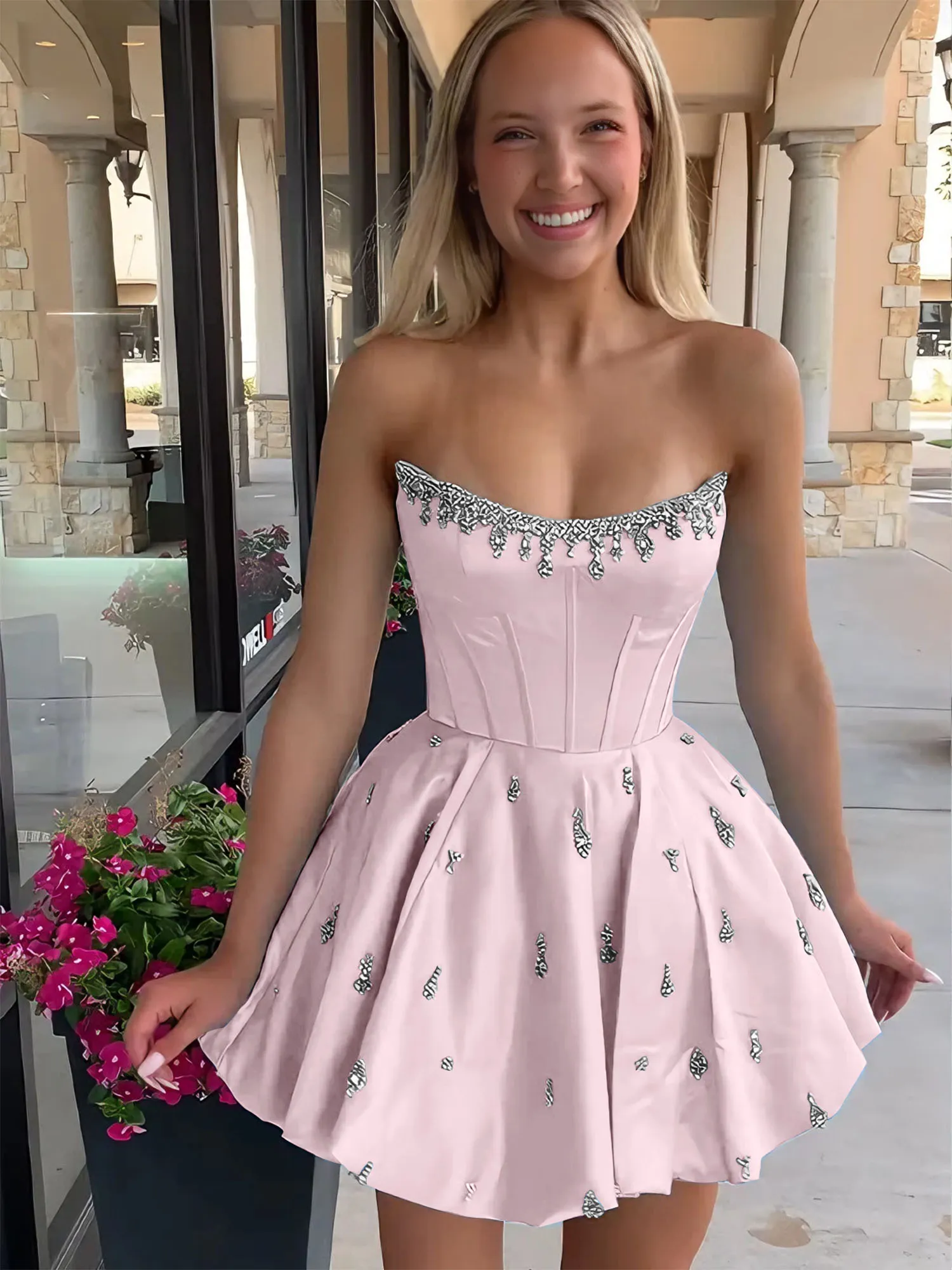 Strapless Beaded Corset Lace-Up Back Satin Homecoming Dress