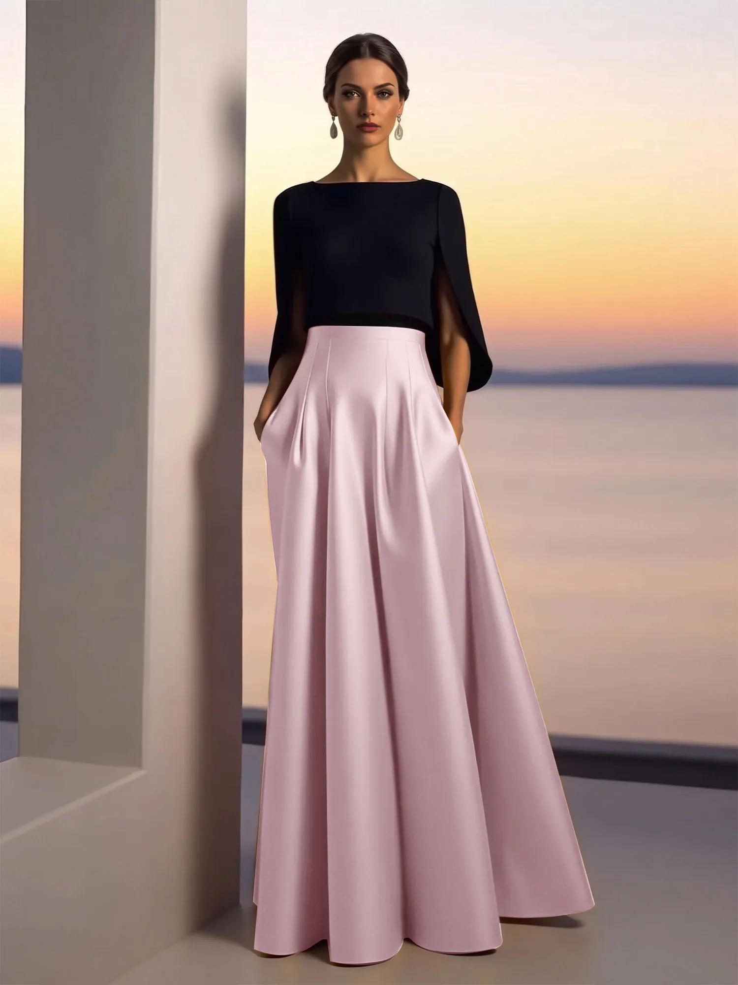 Two-Piece Cape Sleeve Satin Ball Gown Evening Dress