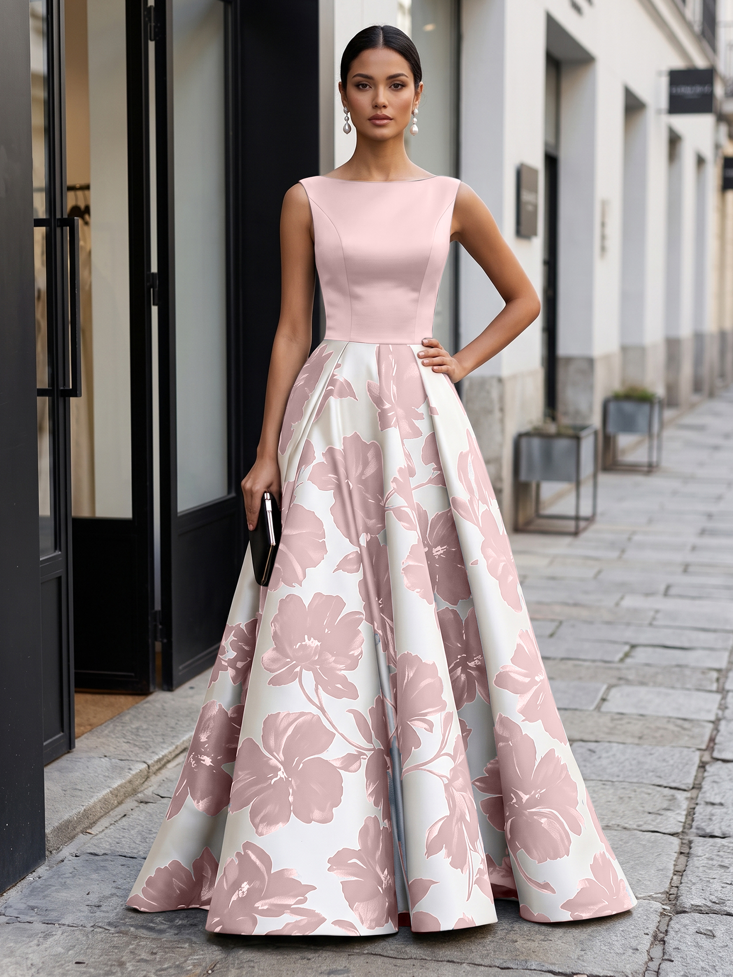 Black Timeless Monochrome Floral Statement Formal Evening Dress