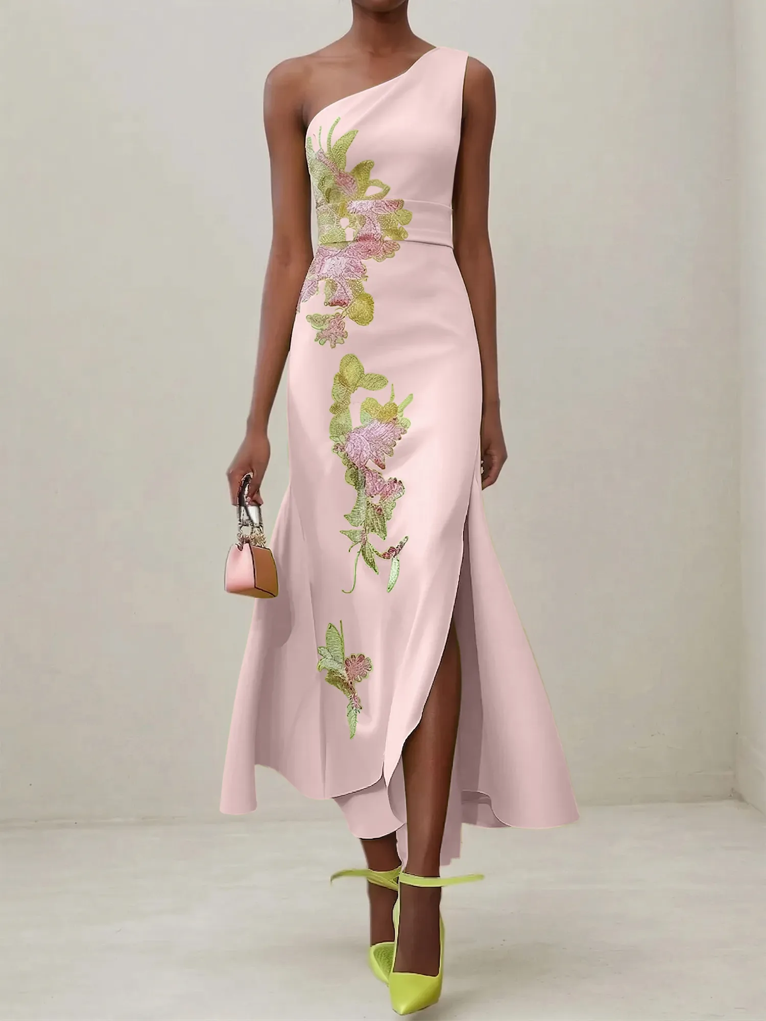Elegant One Shoulder Cap Sleeve Satin Midi Gown with Floral Embroidery & High Slit