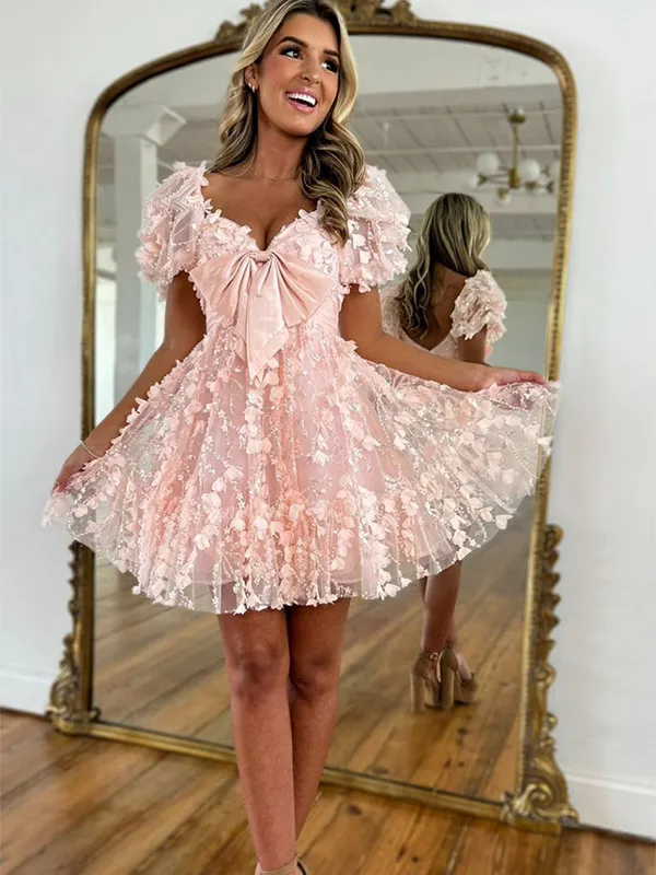 A Line Puff Sleeve 3D Floral Bow Homecoming Mini Dress