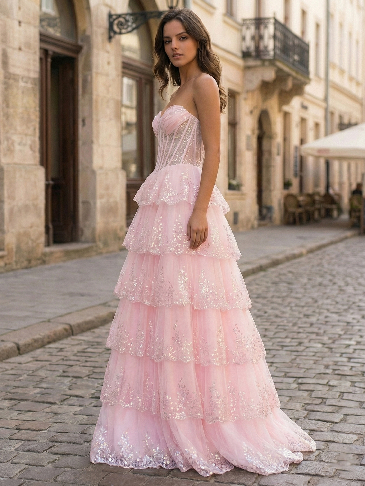 Enchanting Blush Pink Tiered Prom Gown  Strapless Corset Ballgown with Sequin Embellishments