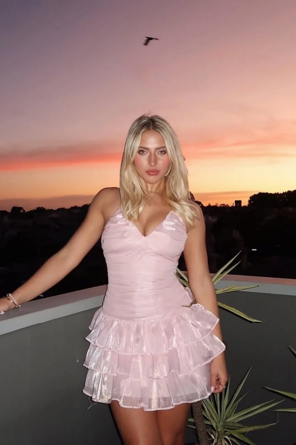 Pink Shimmer Halter Backless Tiered Ruffle A-Line Homecoming Dress 