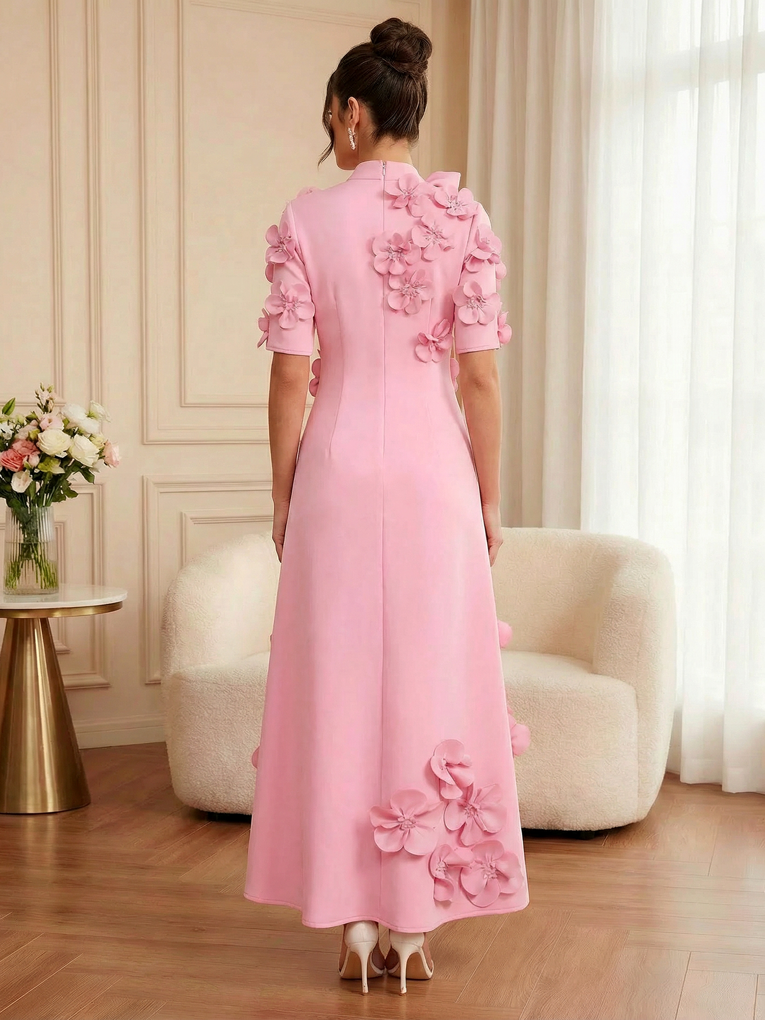 Pink Short Sleeve 3D Floral Maxi Dress Gown
