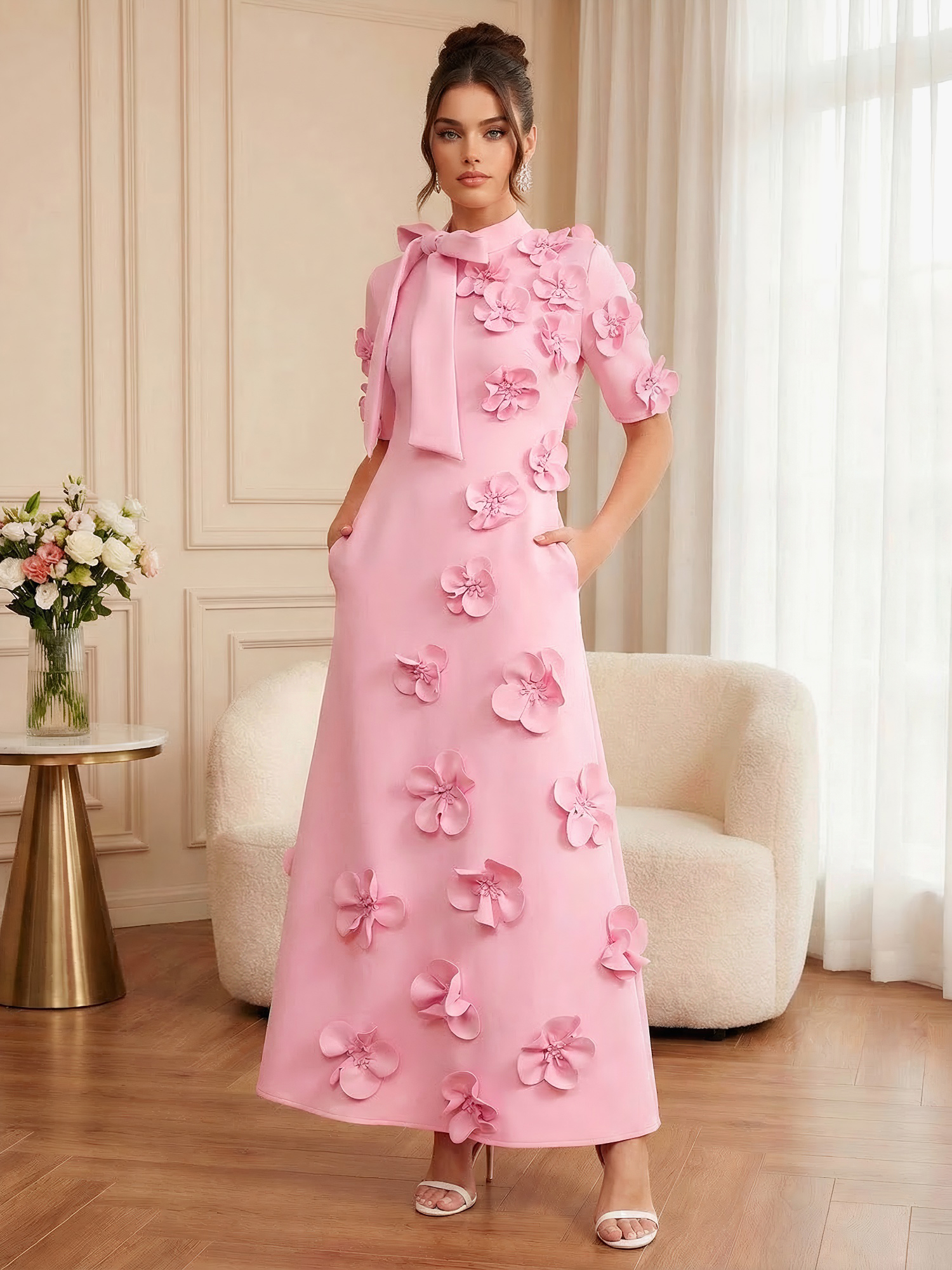 Pink Short Sleeve 3D Floral Maxi Dress Gown