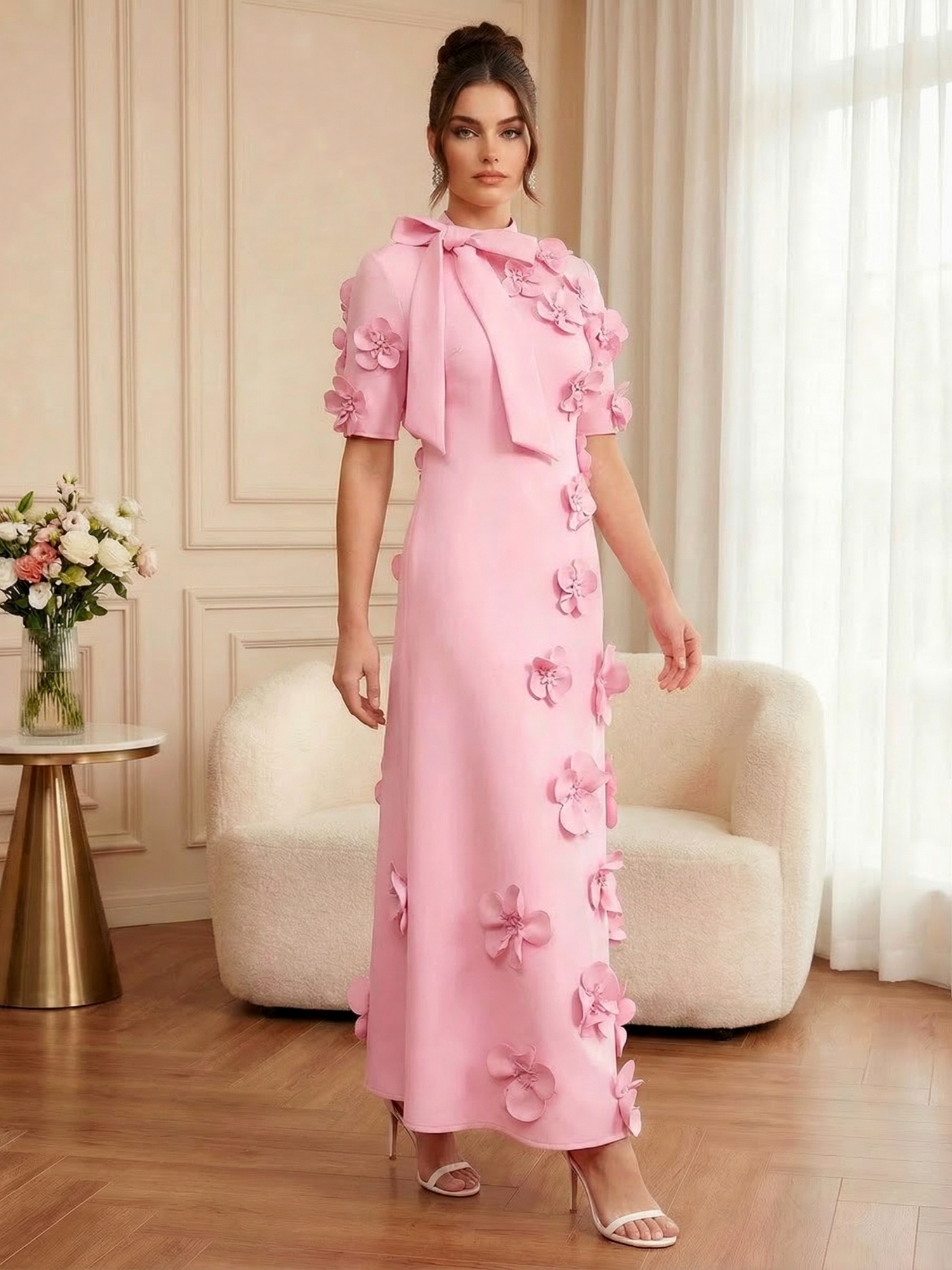 Pink Short Sleeve 3D Floral Maxi Dress Gown