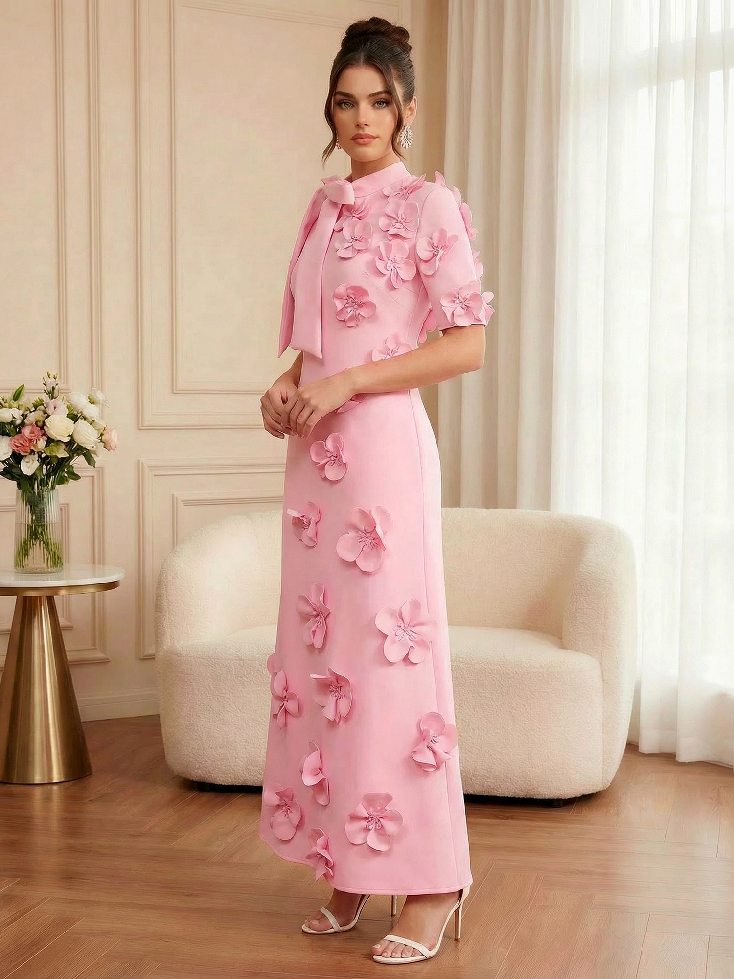Pink Short Sleeve 3D Floral Maxi Dress Gown