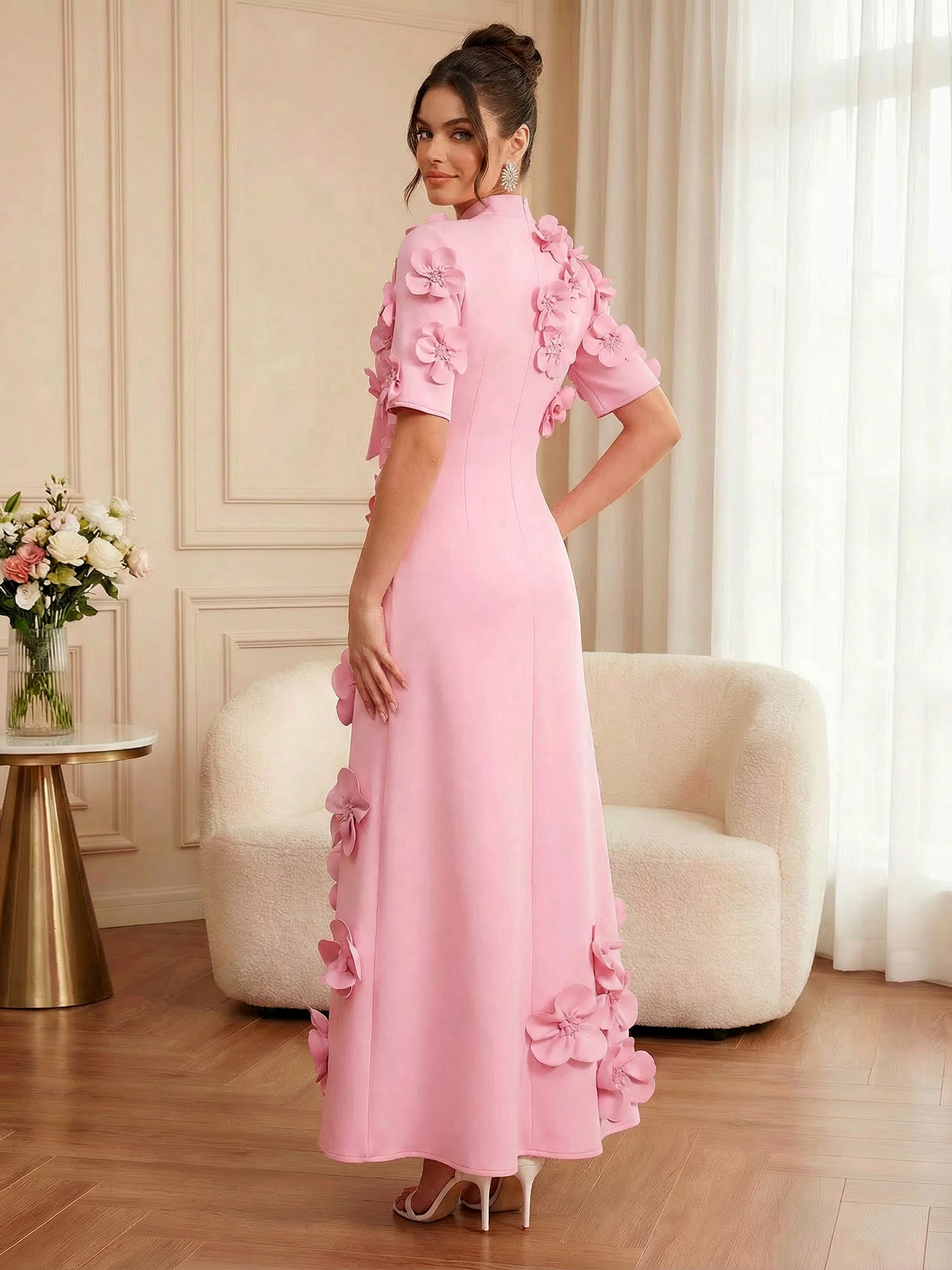 Pink Short Sleeve 3D Floral Maxi Dress Gown
