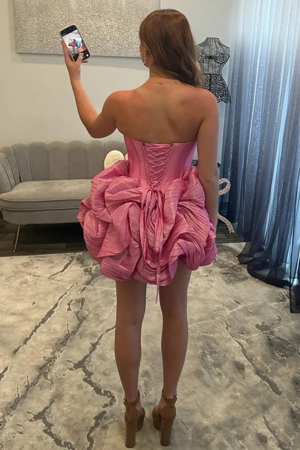  Pink Strapless Corset Crystal Trim Volume Bubble Skirt Homecoming Dress