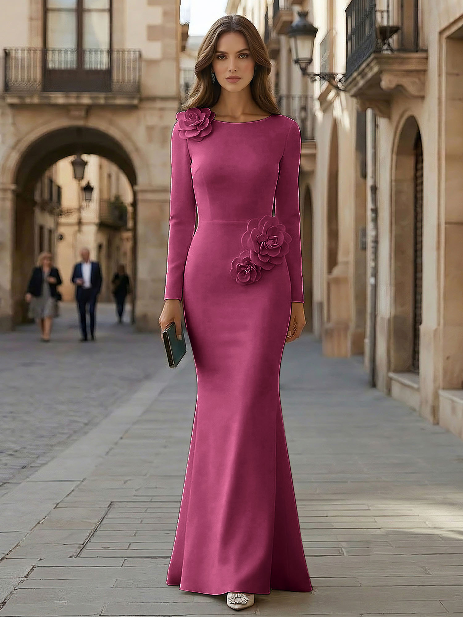 Elegant Pure White Formal Evening Dress Long-Sleeve 3D Floral Crepe Maxi Dress Gown