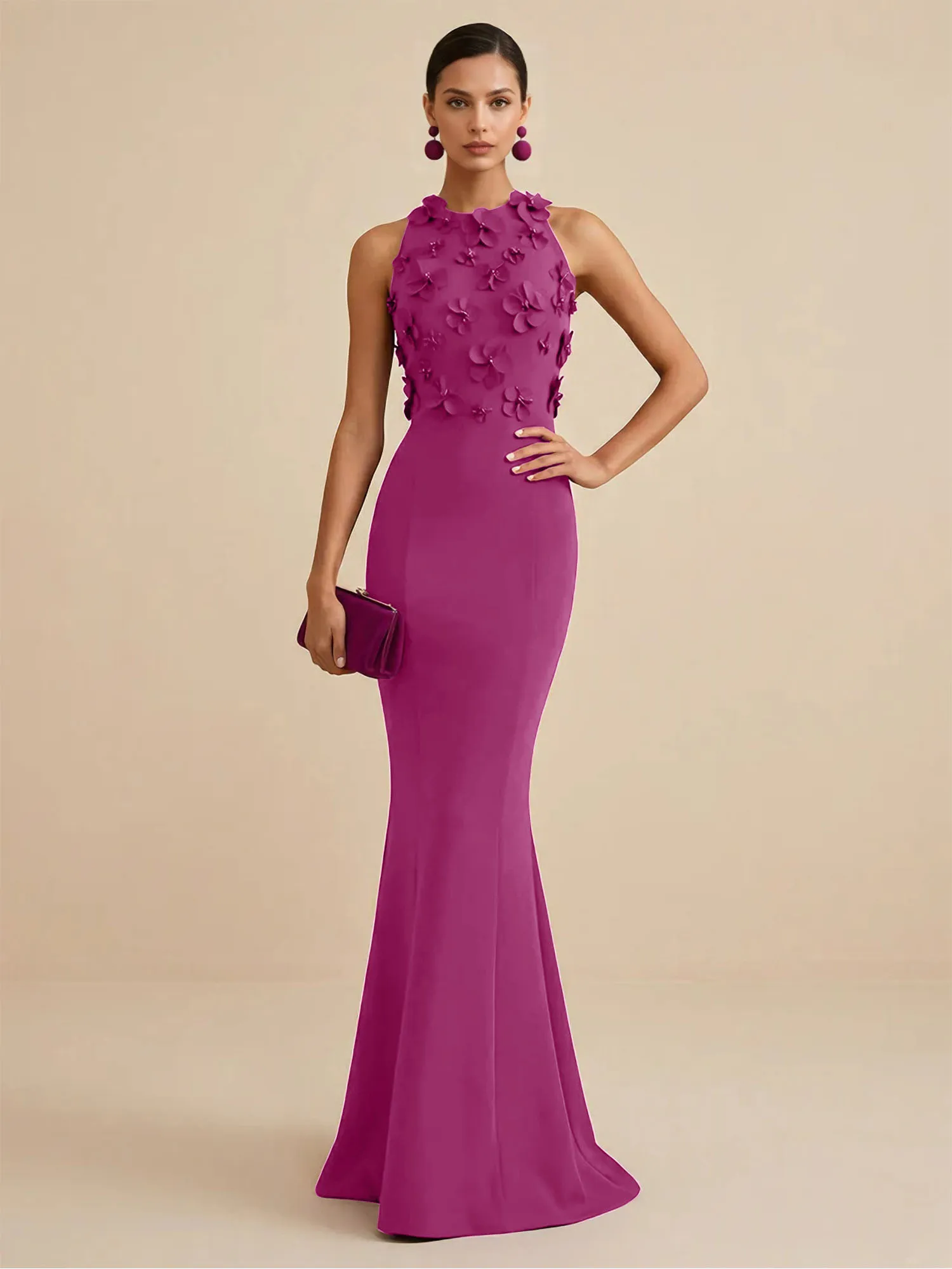 Scoop Neck 3D Floral Appliqué Crepe Mermaid Evening Gown