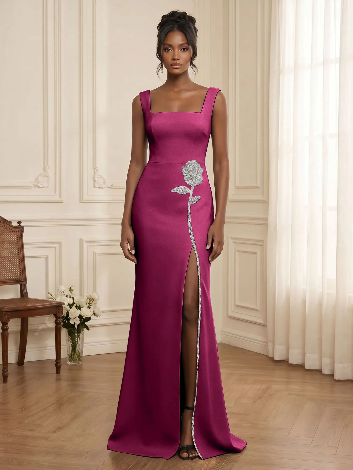 Square Neck Crystal Rose Appliqué Crepe Mermaid Evening Gown
