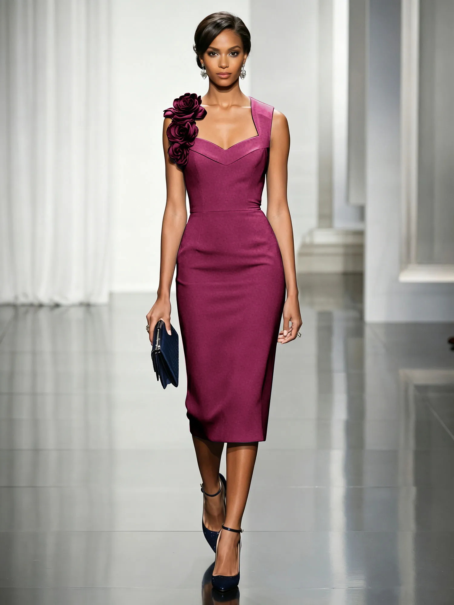 Asymmetric Neckline Crepe Midi Dress with 3D Floral Appliqué