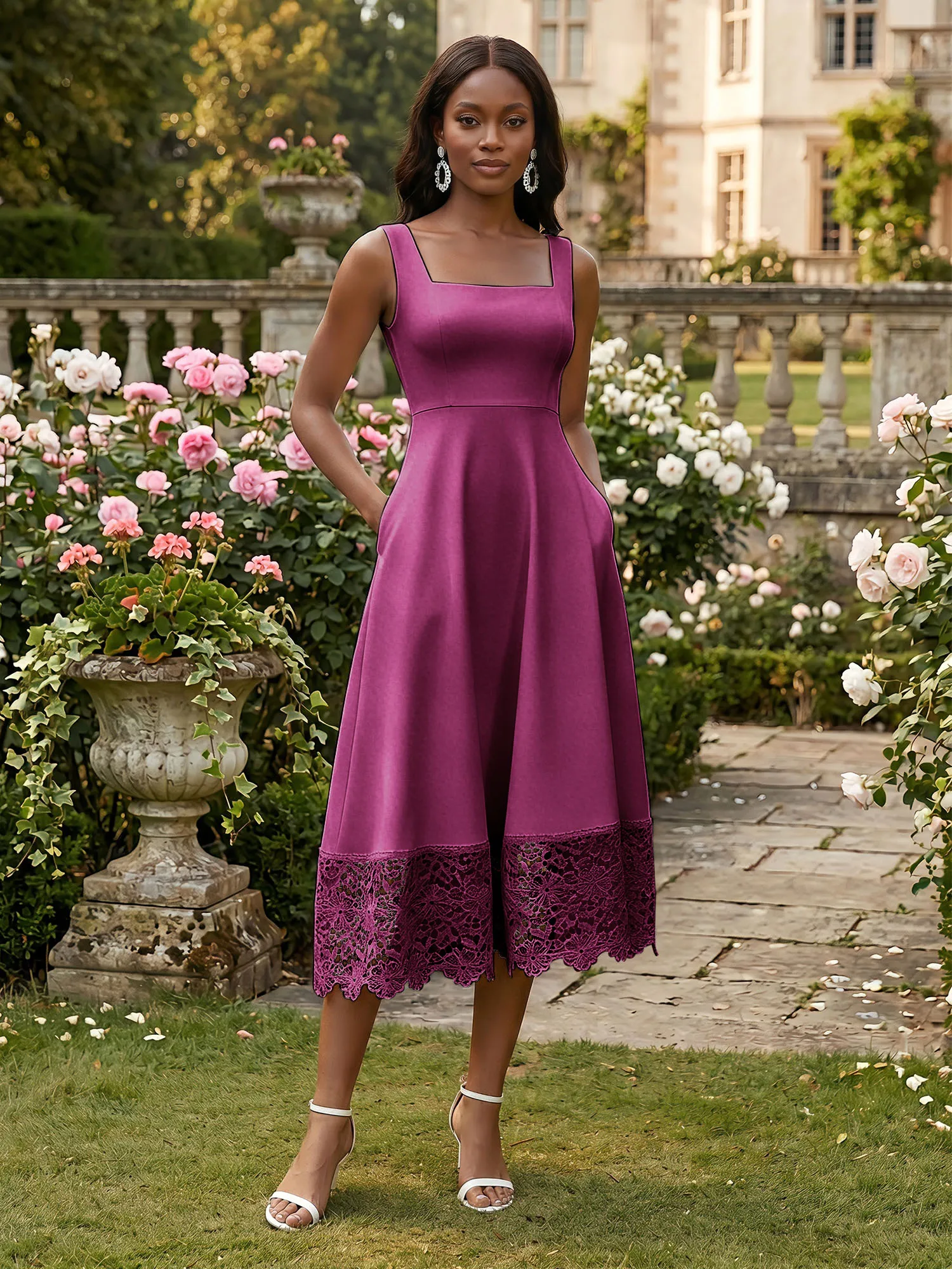 Square Neck Crepe Midi Evening Dress with Lace Hem