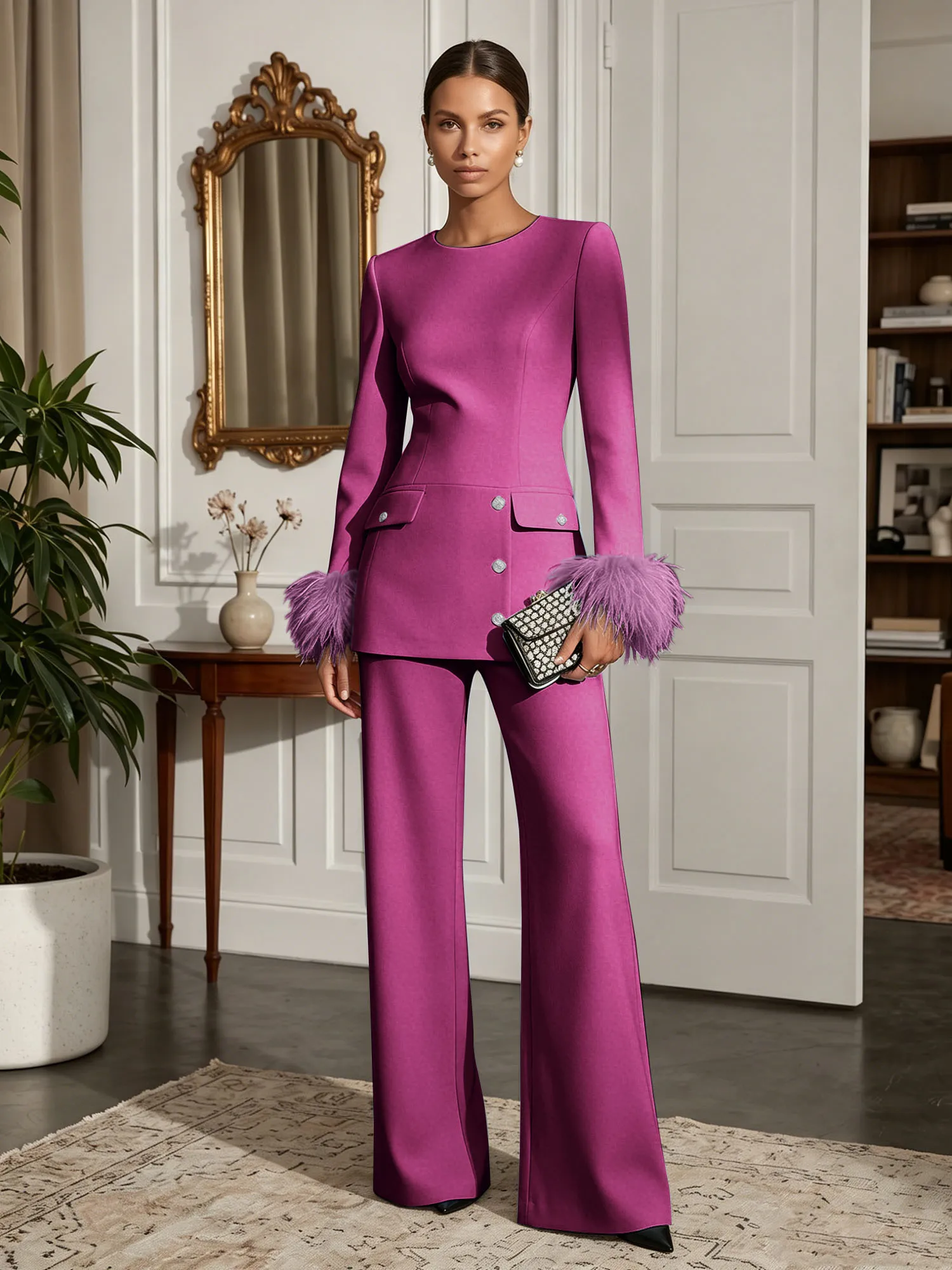 Scoop Neck Feather Cuff Tailored Evening Pant Suit