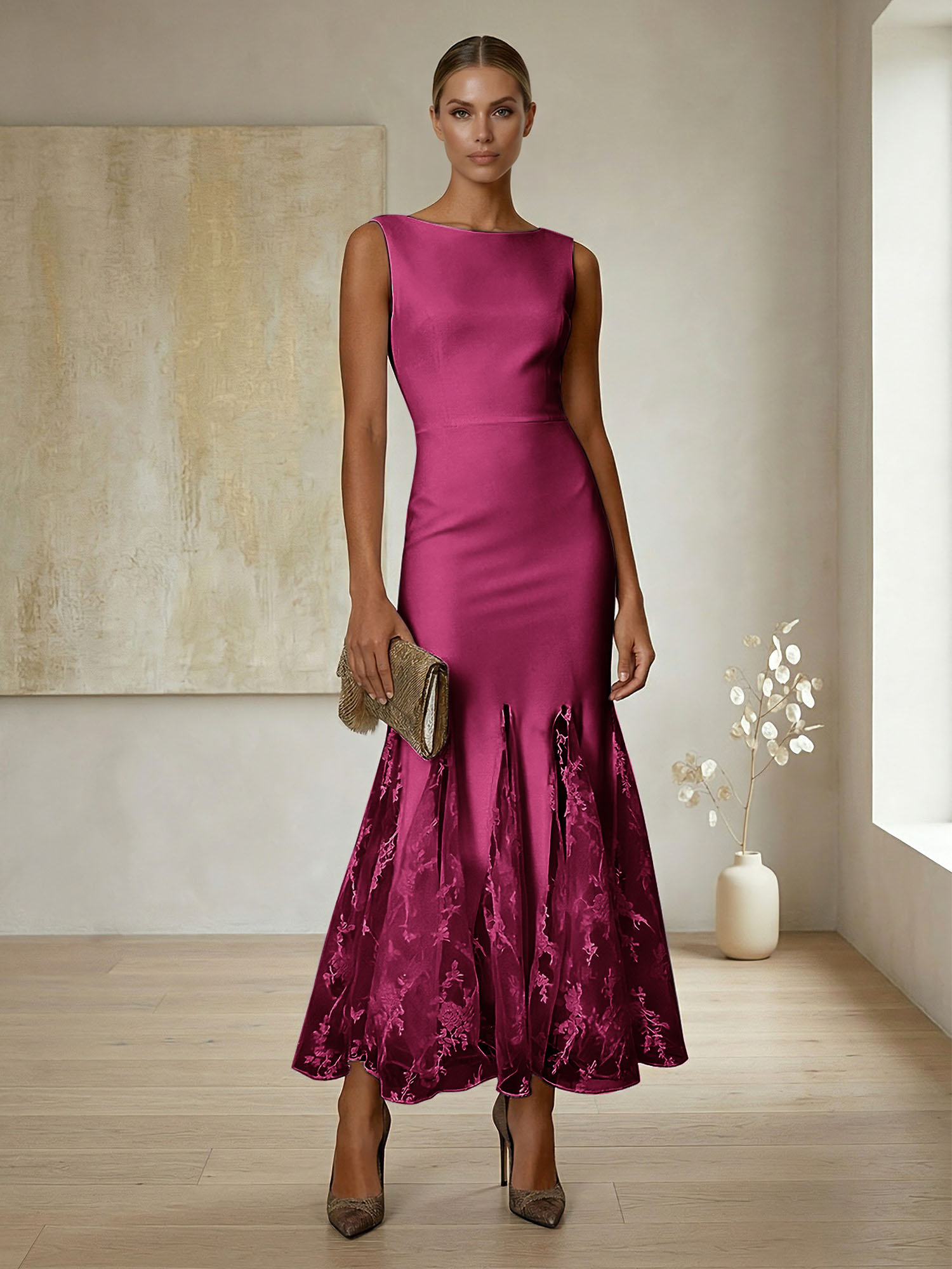 Elegant Formal Evening Gown Lilac Sleeveless Midi Dress with Embroidered Lace Godets