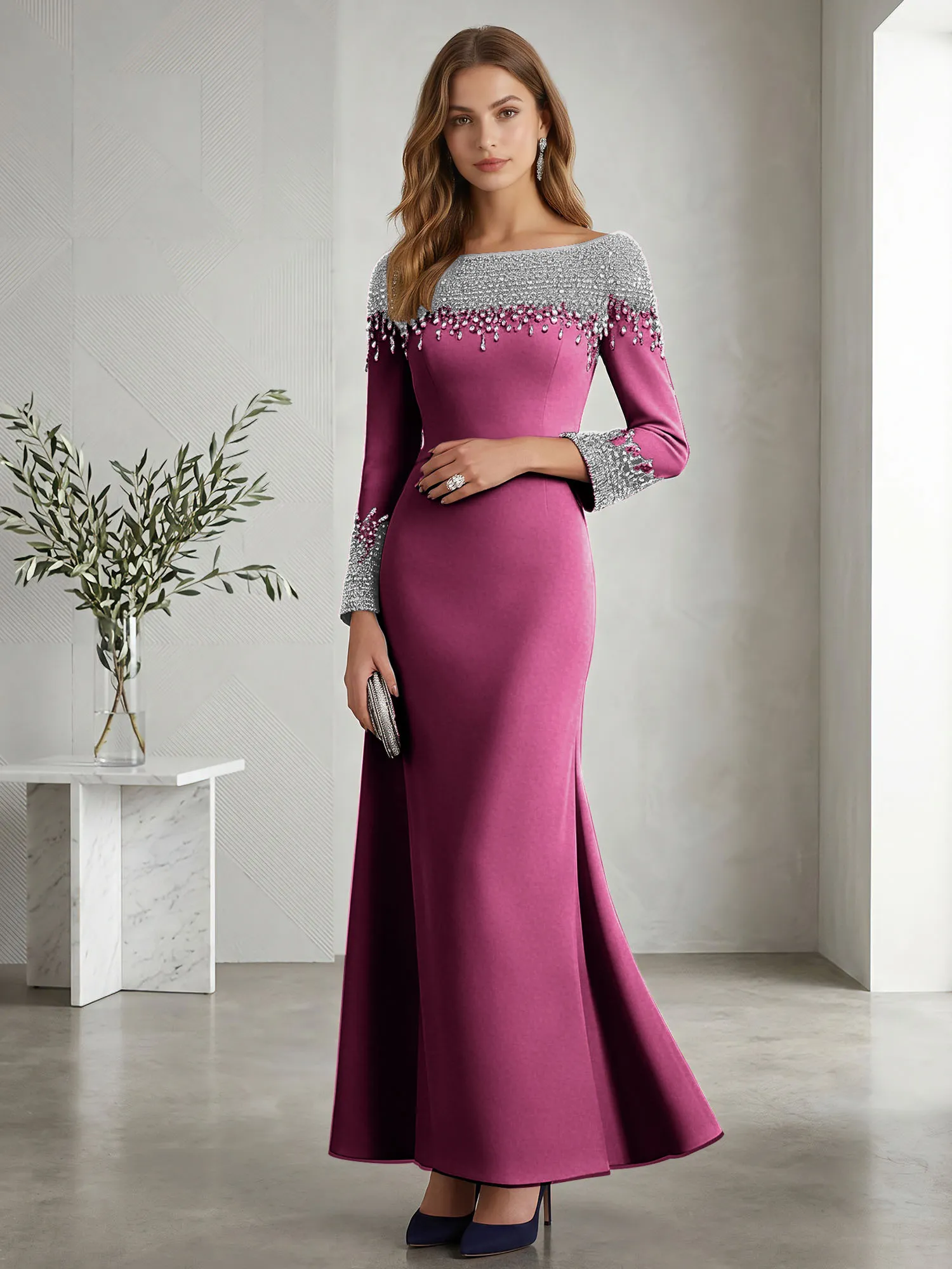 Beaded Off-the-Shoulder Long Sleeve Mermaid Evening Gown