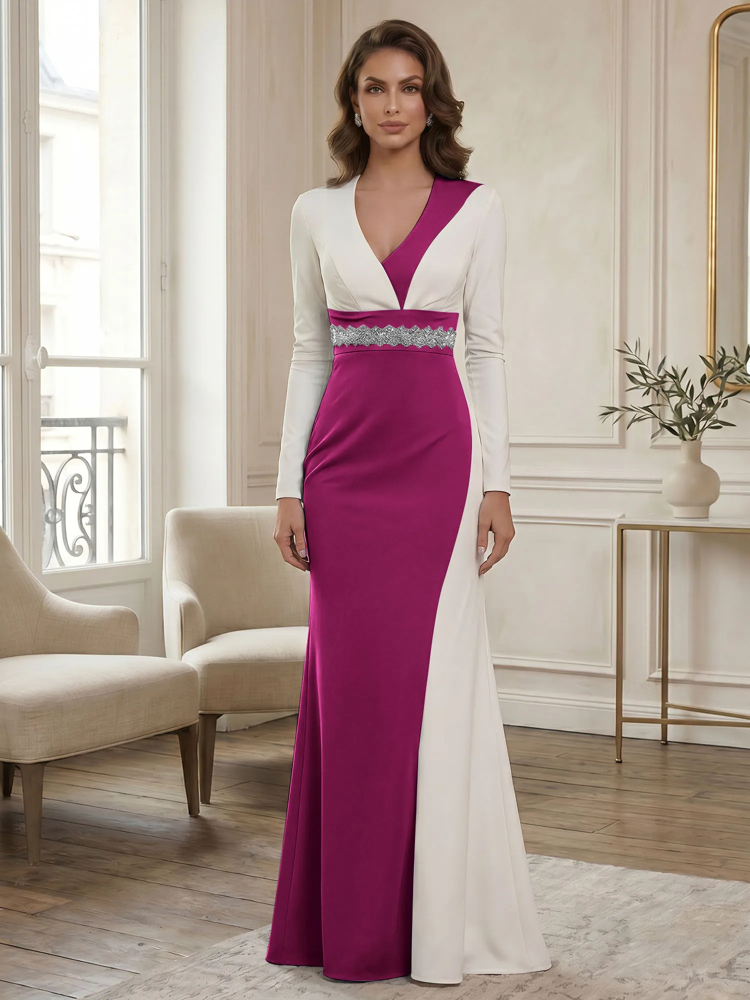 Two-Tone Long Sleeve Mermaid Evening Gown with Beaded Waistband