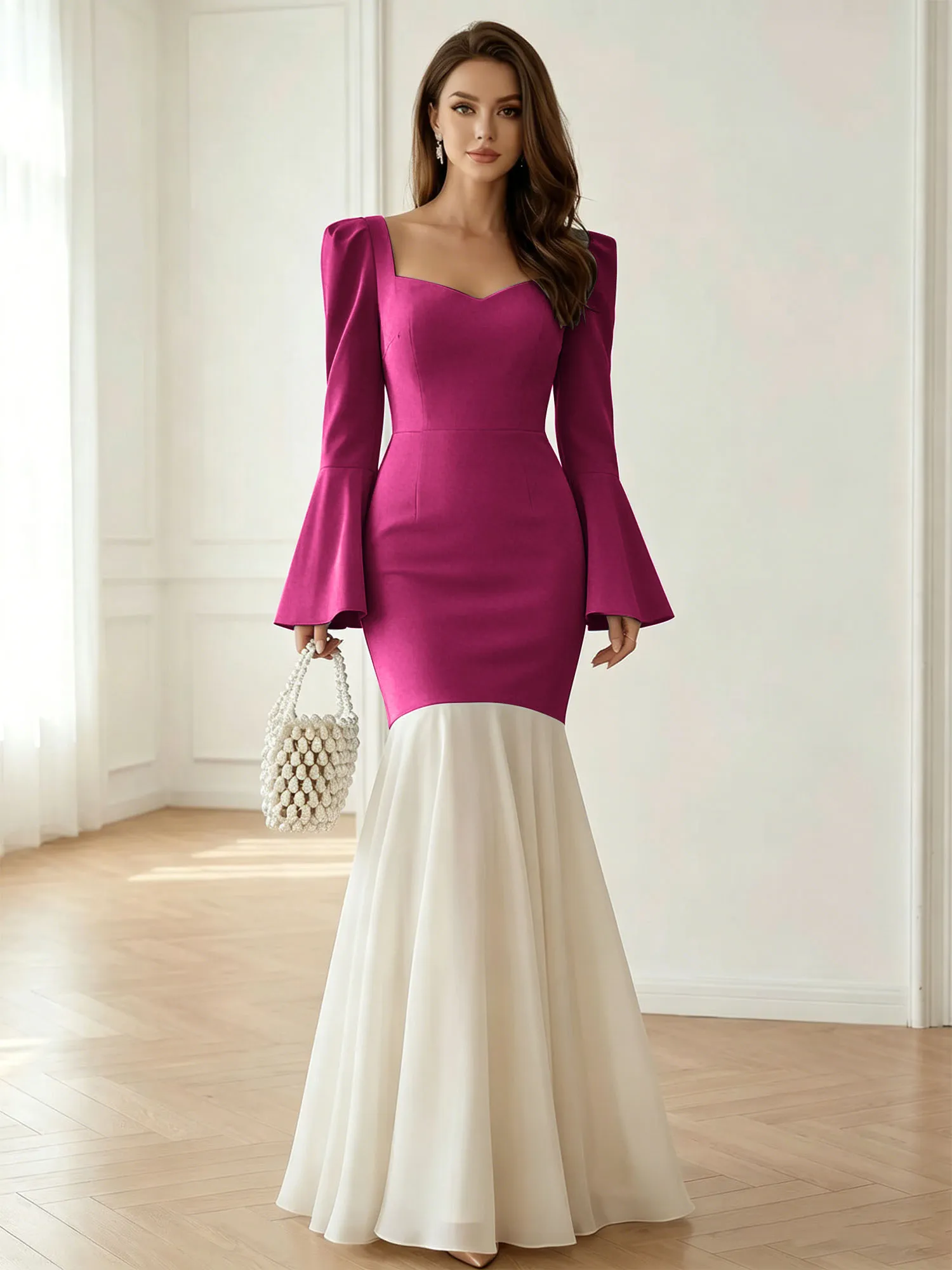 Sweetheart Neck Bell Sleeve Two-Tone Mermaid Evening Gown