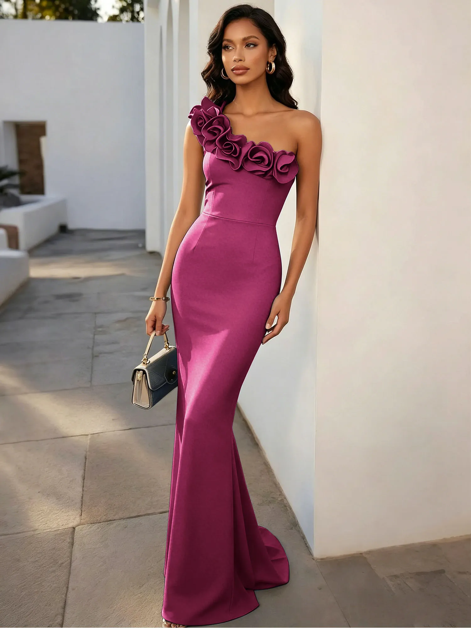 One-Shoulder 3D Floral Mermaid Evening Gown
