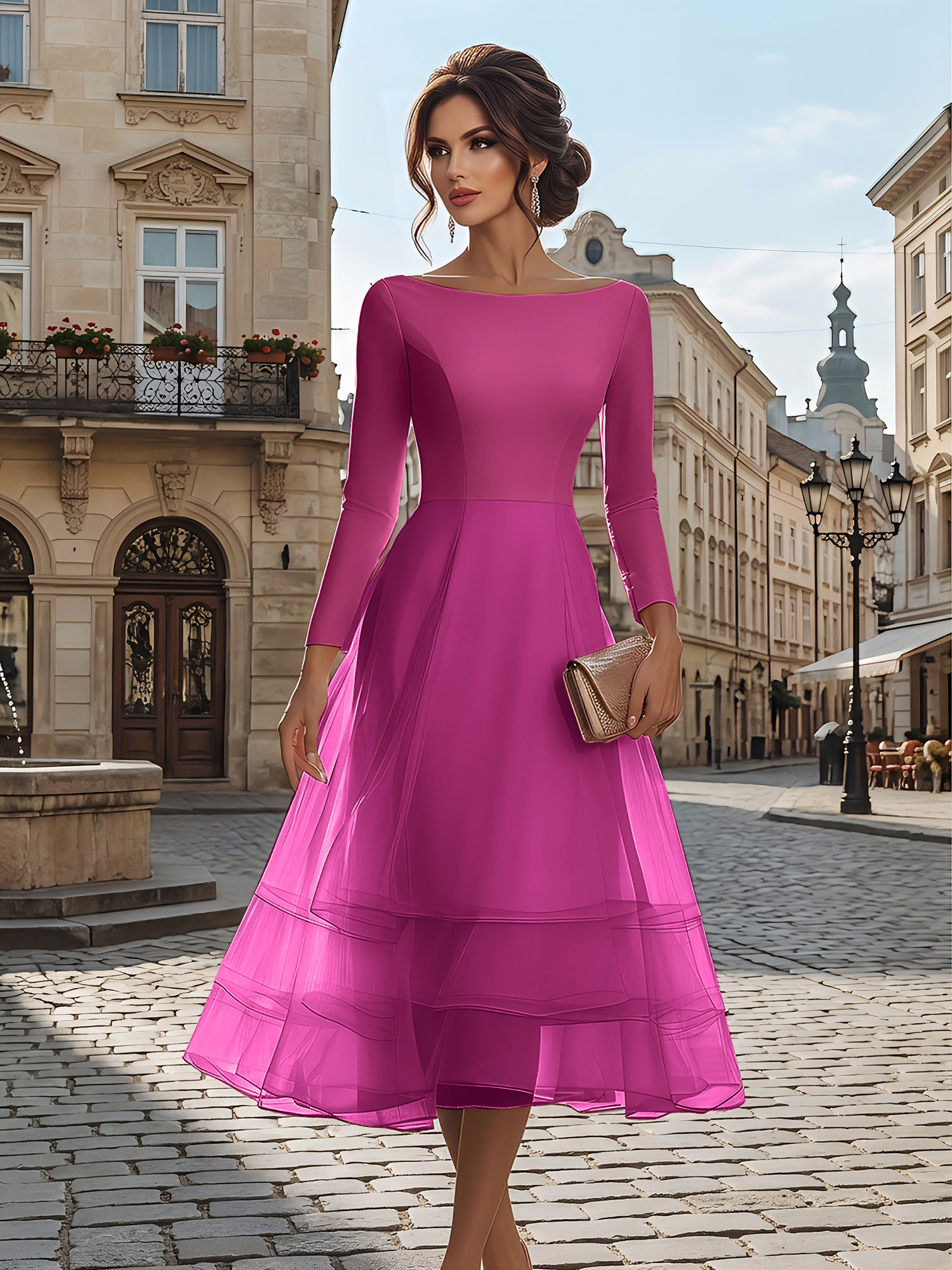 Timeless Evening Foraml Gown Blush Pink Long-Sleeve Layered Organza Midi Dress